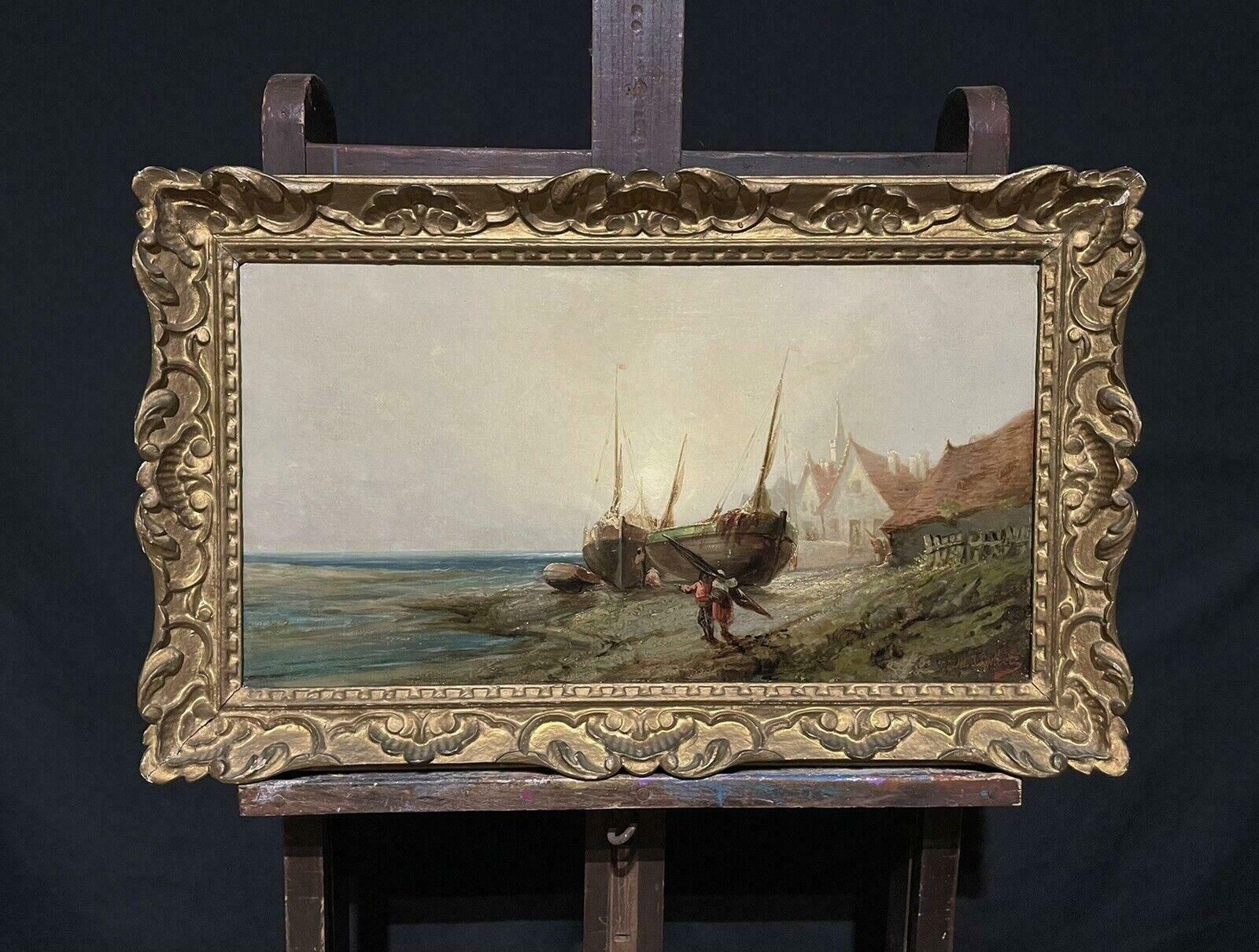 French School19th Century French Signed Oil, Fishing Folk On The Shore At Sunrise By Boats photo Art