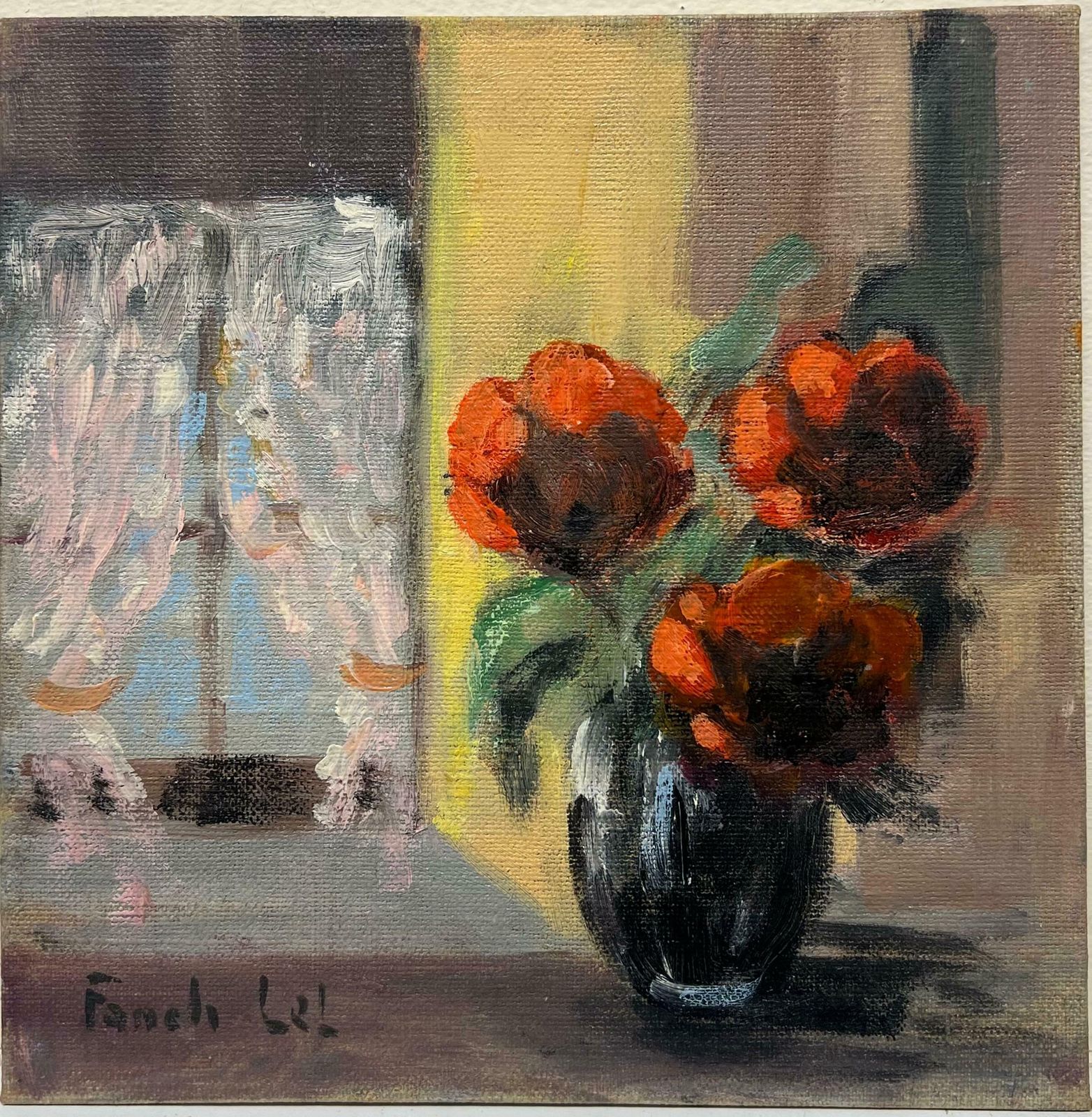 Fanch Lelcozy Still Life Of Red Peonies In Black Vase By A Sunlit Window French Oil20th Century photo for sale