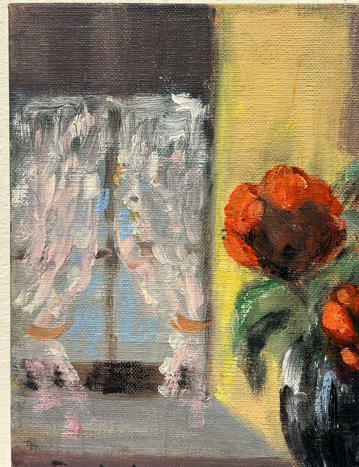 Fanch Lelcozy Still Life Of Red Peonies In Black Vase By A Sunlit Window French Oil20th Century photo vinterior
