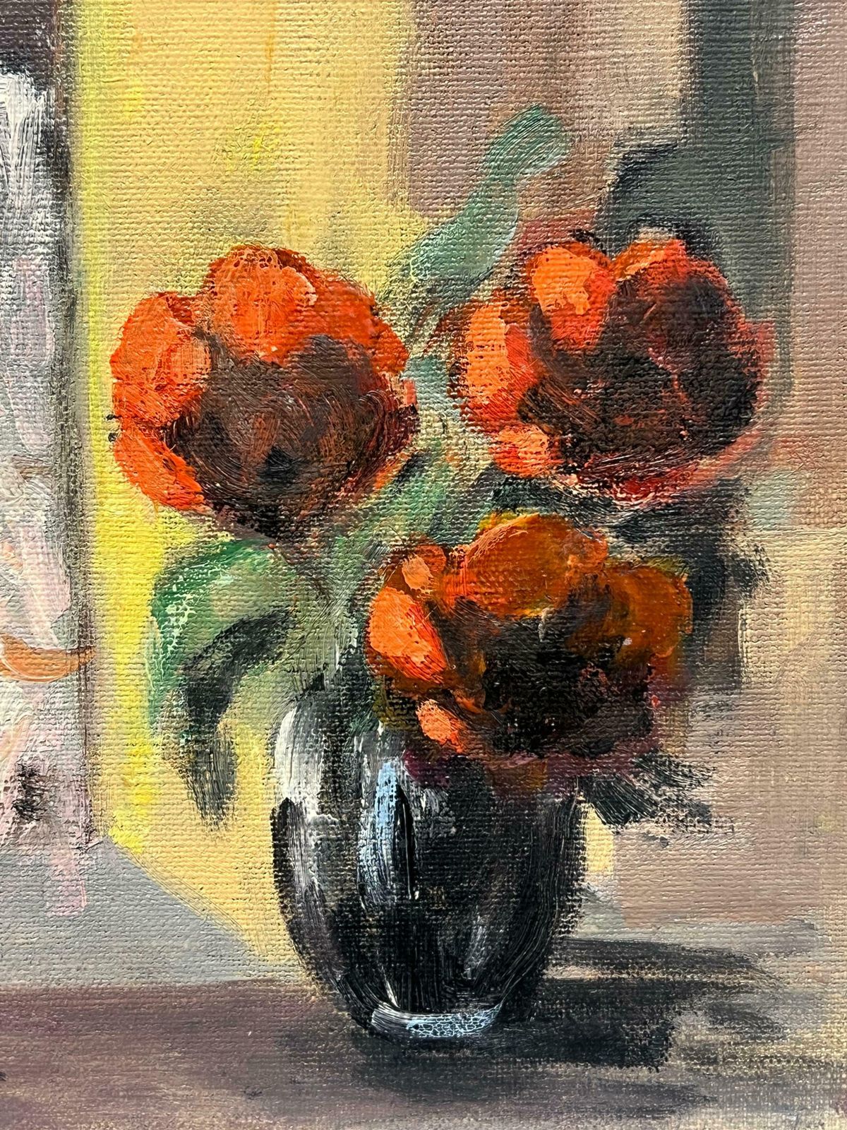 Fanch Lelcozy Still Life Of Red Peonies In Black Vase By A Sunlit Window French Oil20th Century photo vintage