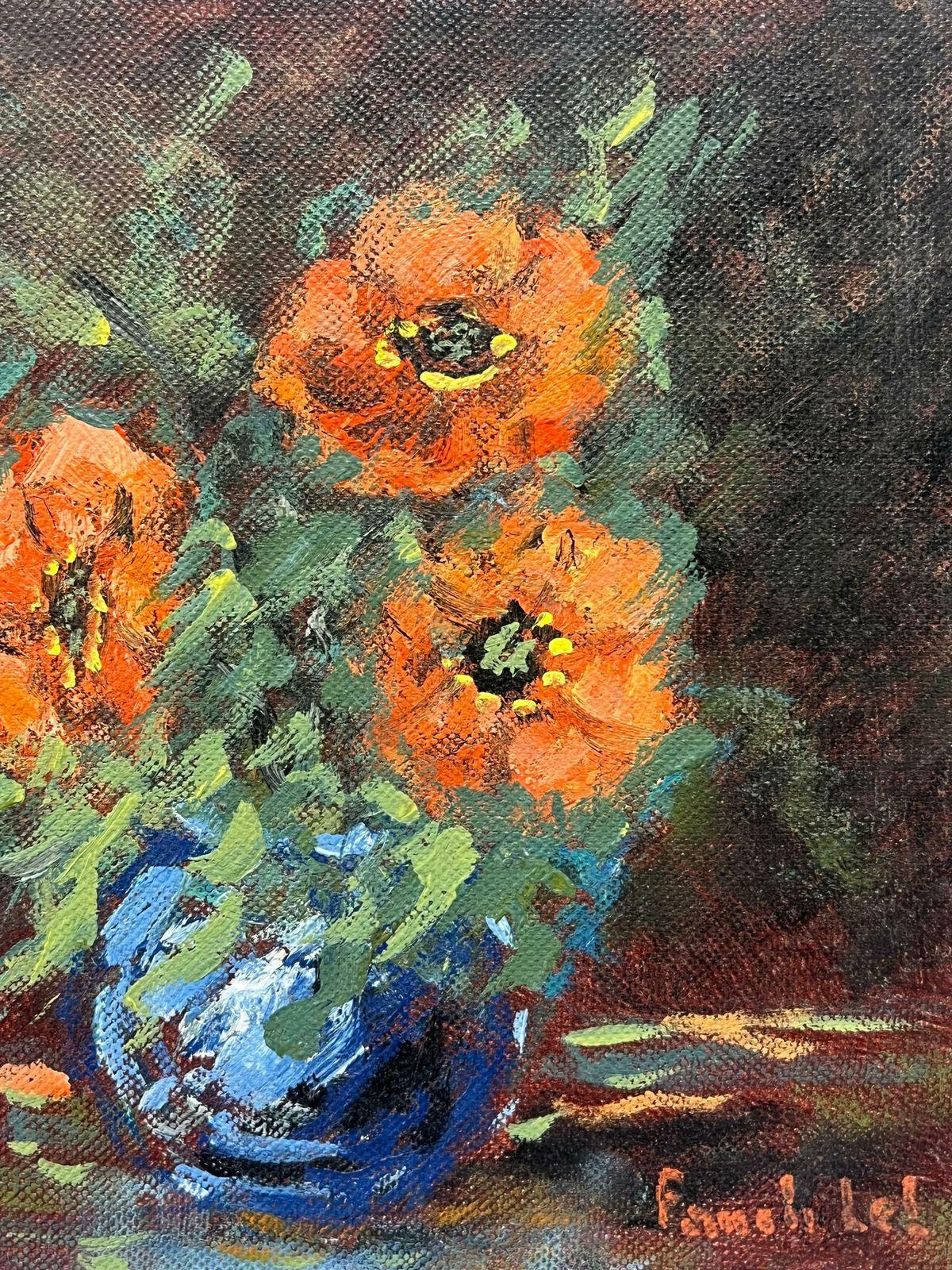 Fanch Lelbold Still Life With Bright Orange Anemones Bouquet In A Blue Vase20th Century photo for sale