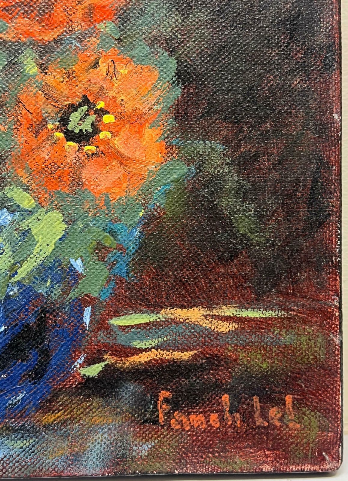 Fanch Lelbold Still Life With Bright Orange Anemones Bouquet In A Blue Vase20th Century photo 585.0
