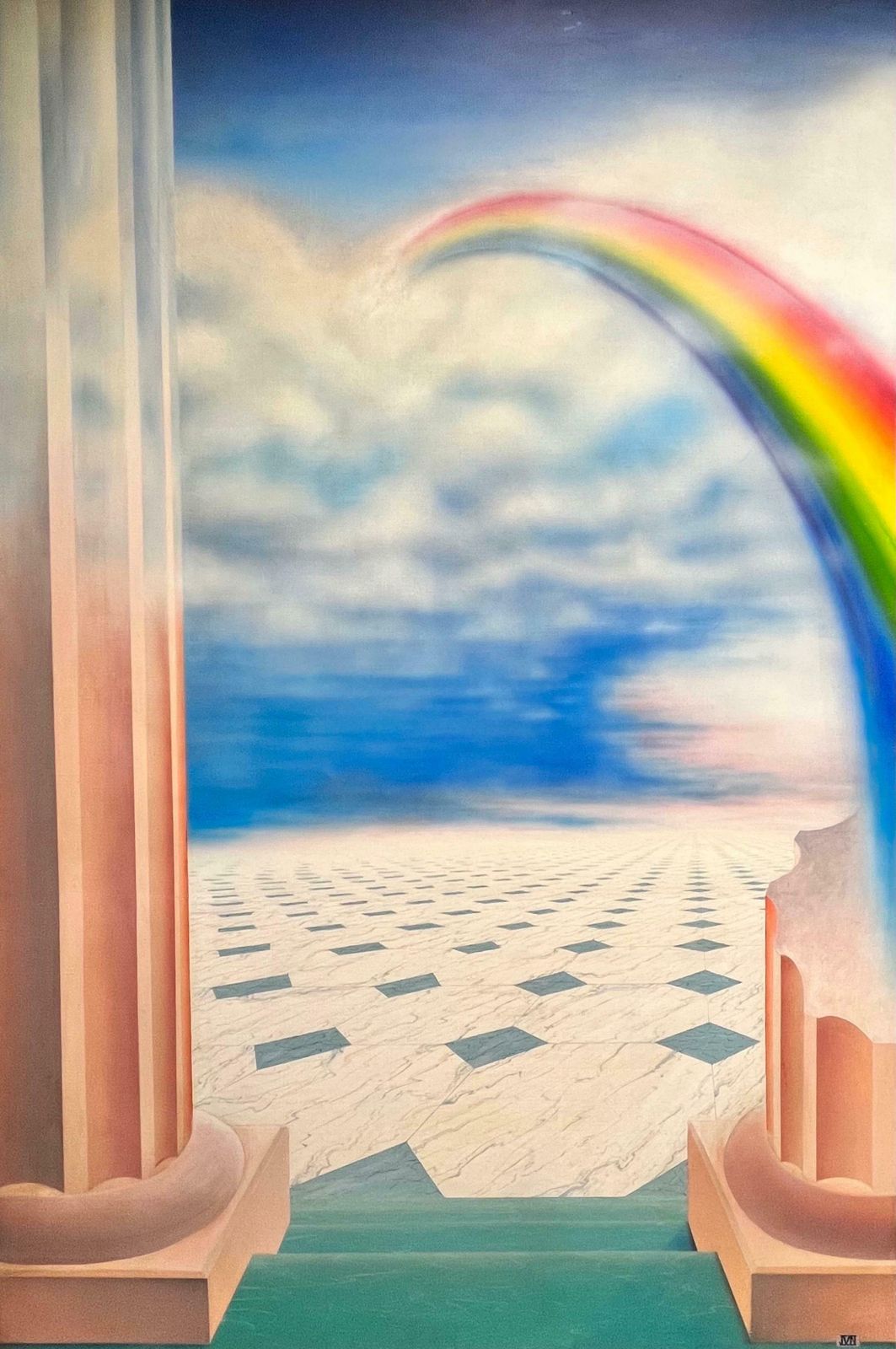 French Surrealistenormous 1980's French Surrealist Painting Rainbow Over Greek Fantasy Landscape1985
