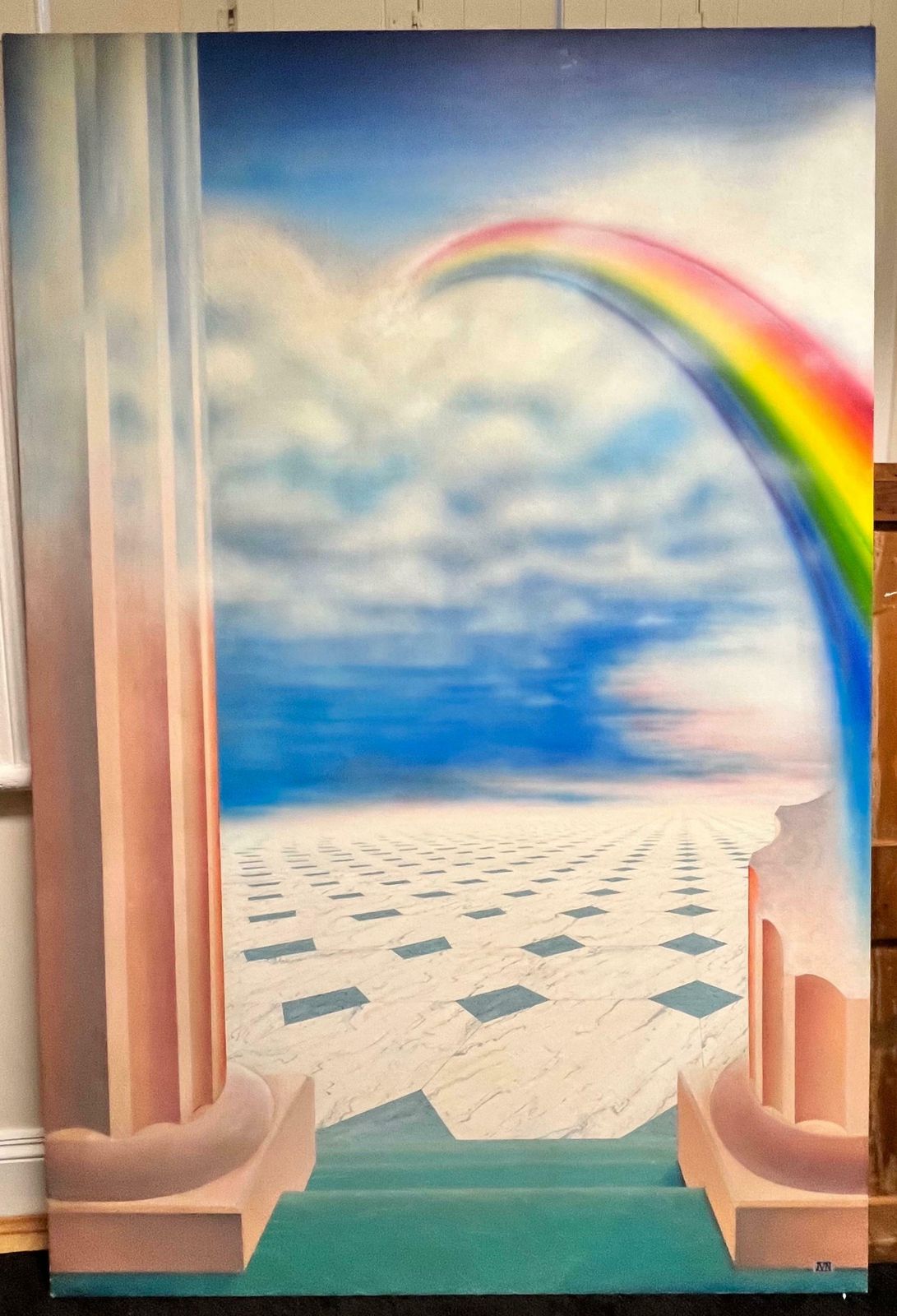 French Surrealistenormous 1980's French Surrealist Painting Rainbow Over Greek Fantasy Landscape1985 photo furniture
