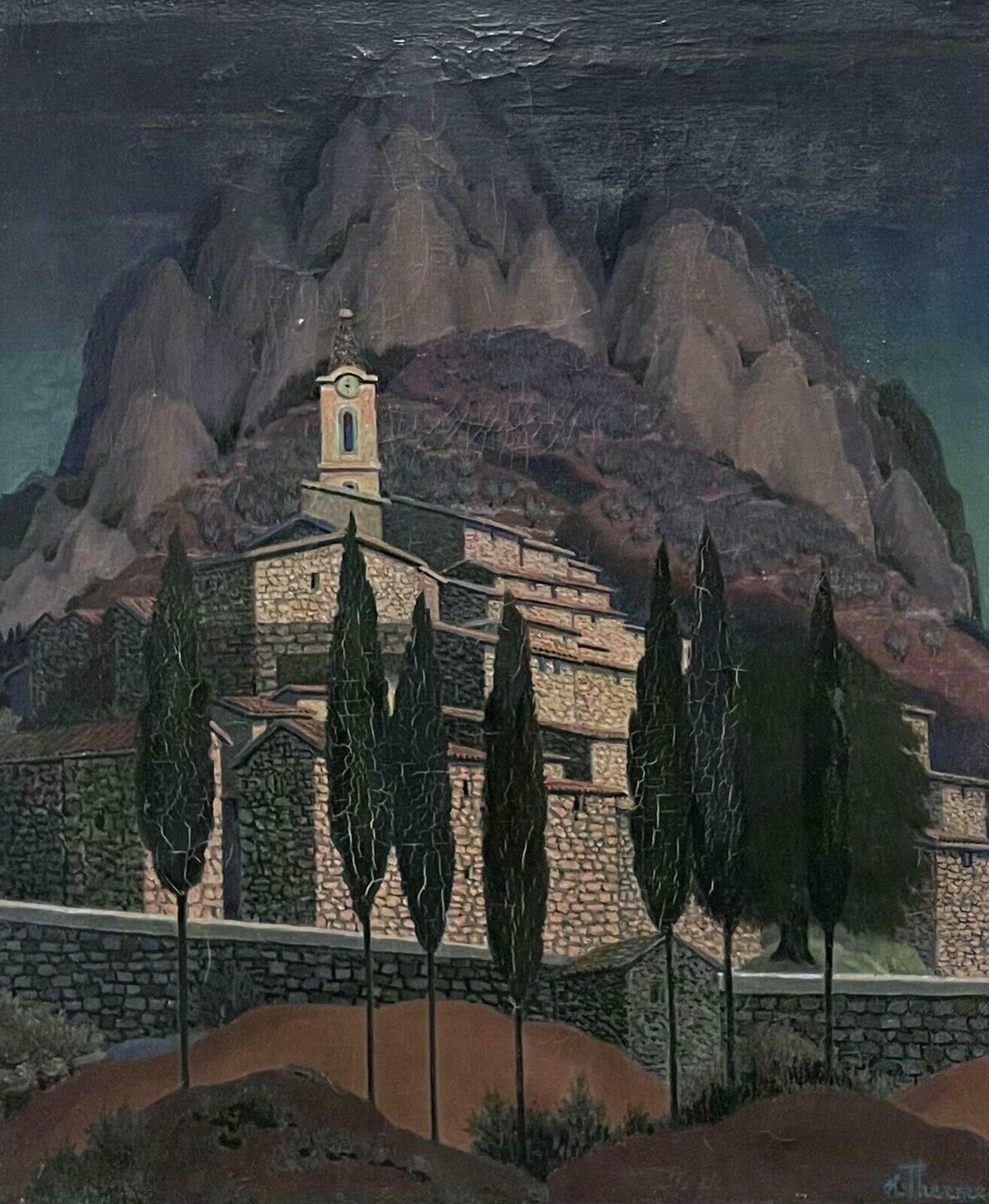 French 20th Centurysaint Agnes Provence Hill Top Perched Village Signed French Modernist Oil