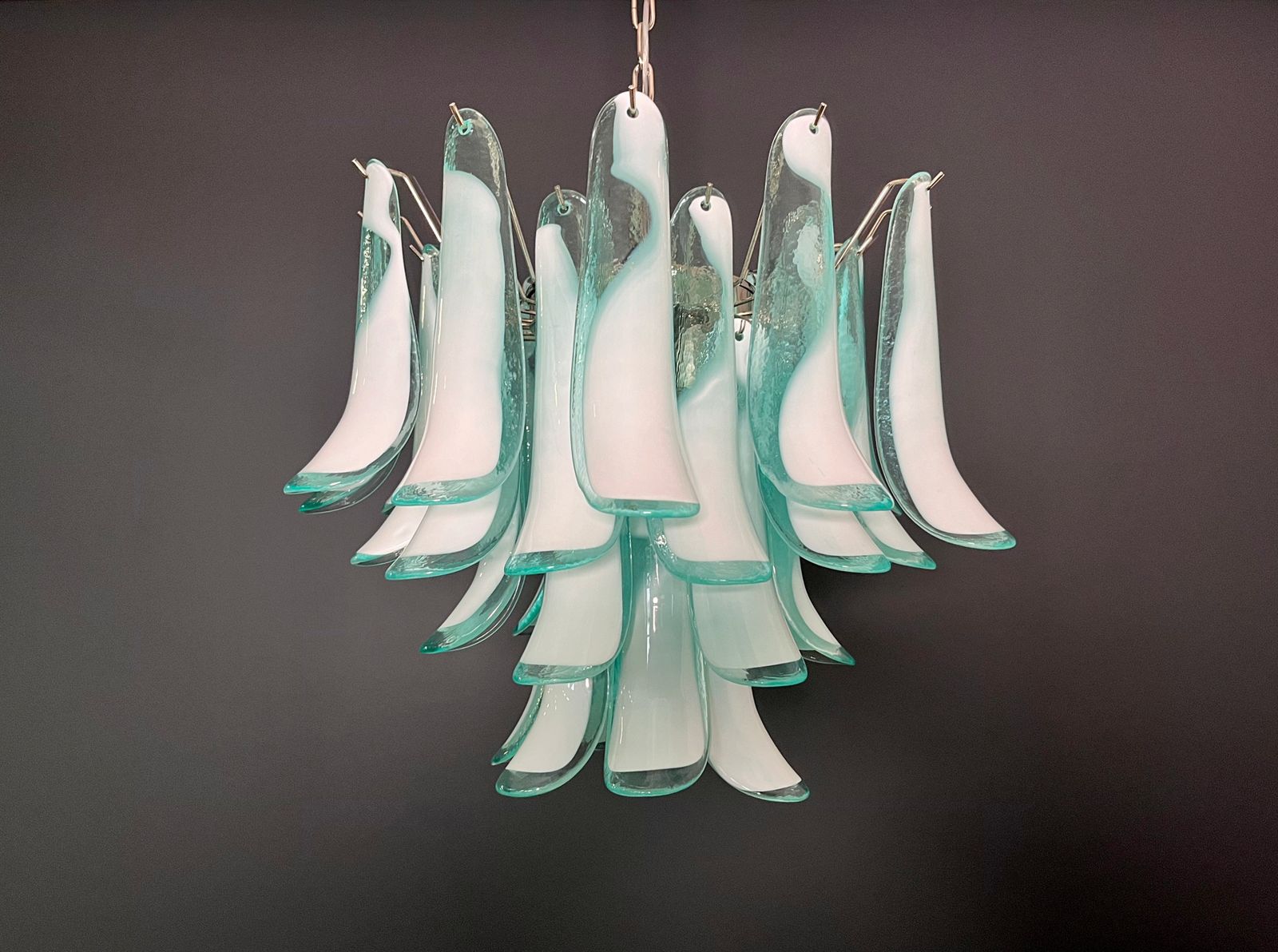 Italian Vintage Murano Chandelier   Mazzega   36 Lattimo Turquoise Glass Petals