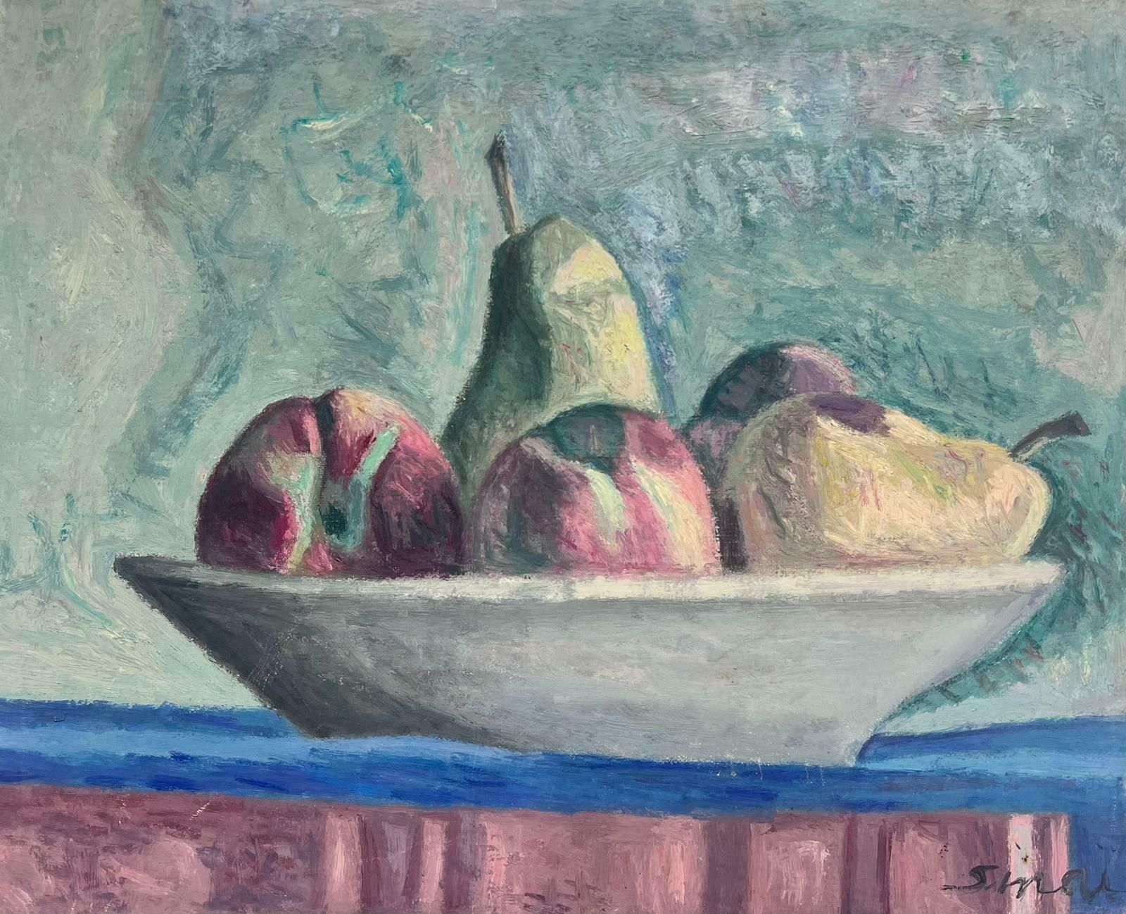 French School1970's French Modernist Oil Painting Still Life Apples & Pears Signed Original photo furniture