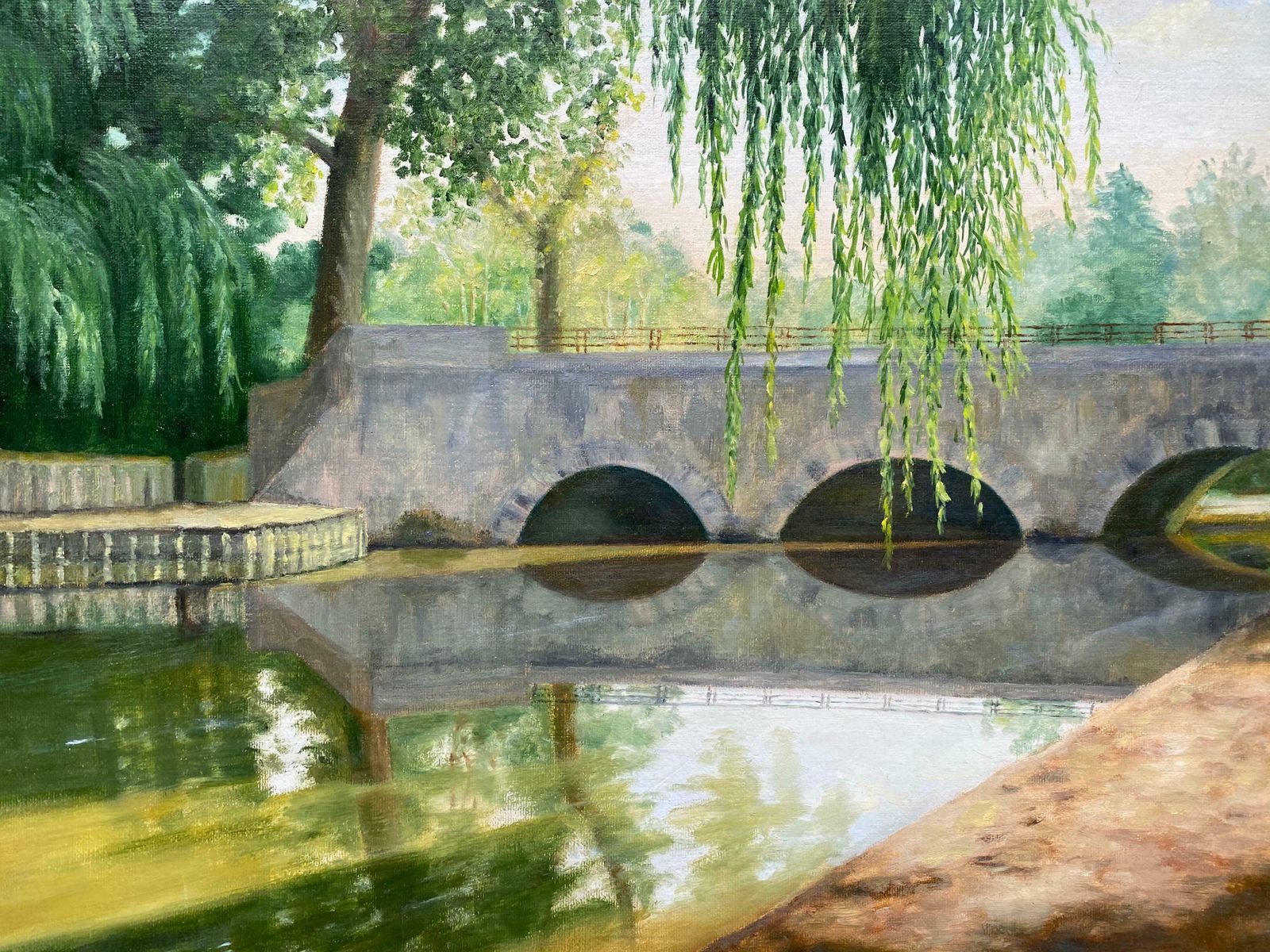 Yvette Bossierelarge 20th Century French Impressionist Tranquil River Landscape Old Bridge20th Century photo furniture