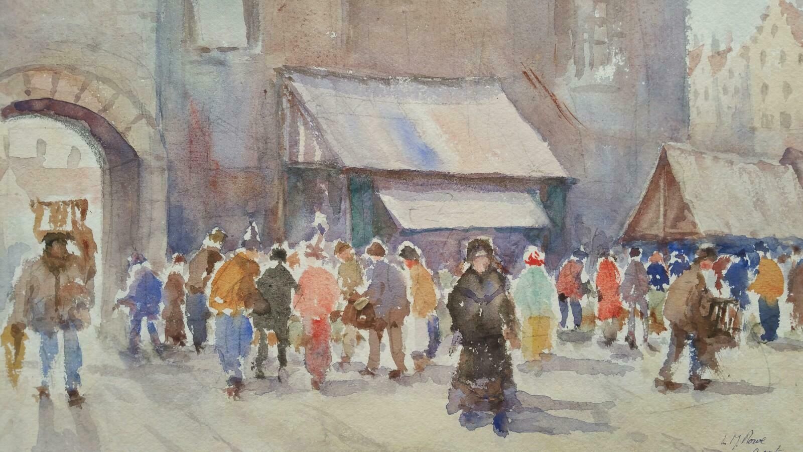Leonard Machin Rowemid 20th Century Belgium. Gent, A Morning Market1950's