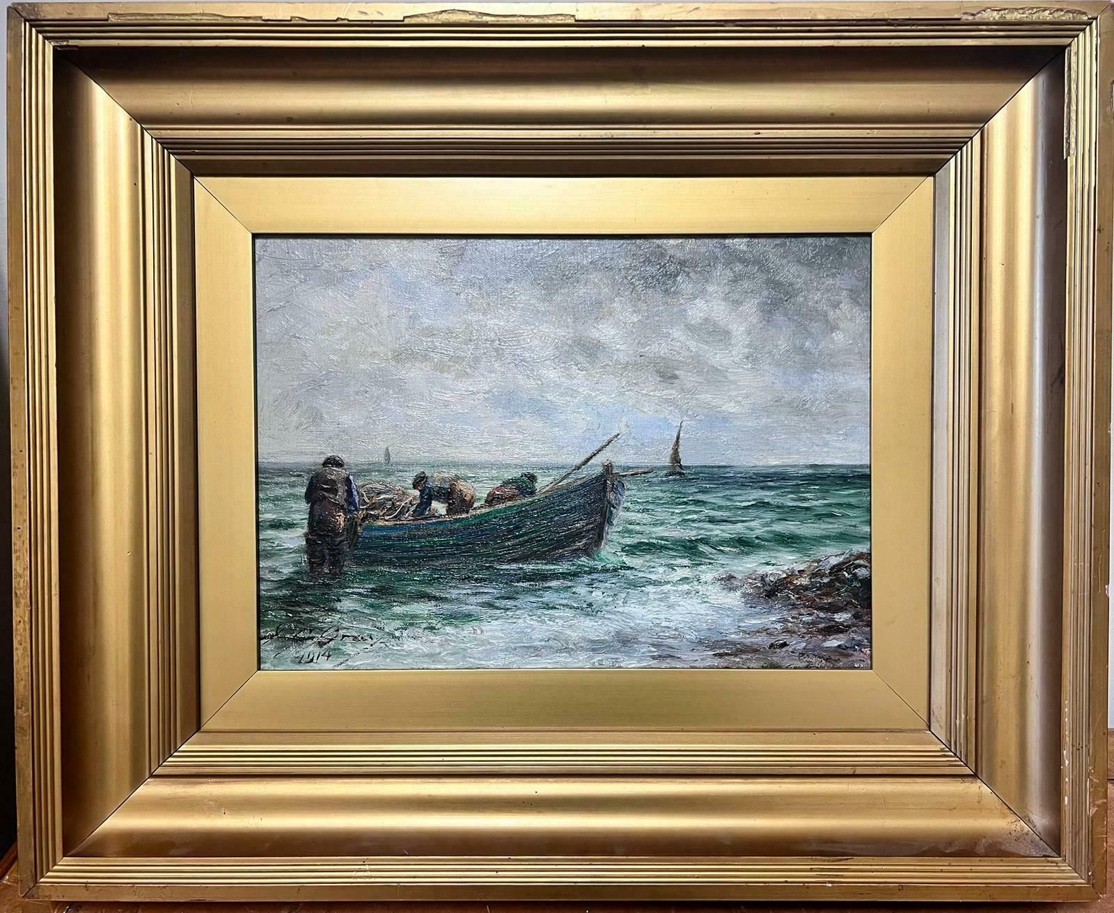 John C Grayantique Scottish Signed Oil Fishermen Bringing In Their Catch Boats At Sea1914 photo for sale