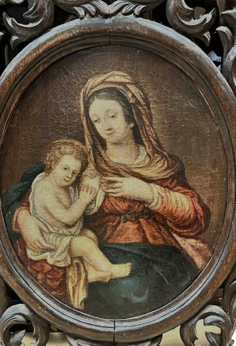 French School Fine 19th Century French Oil Painting Madonna & Child Carved Wood Scrolled Frame photo furniture