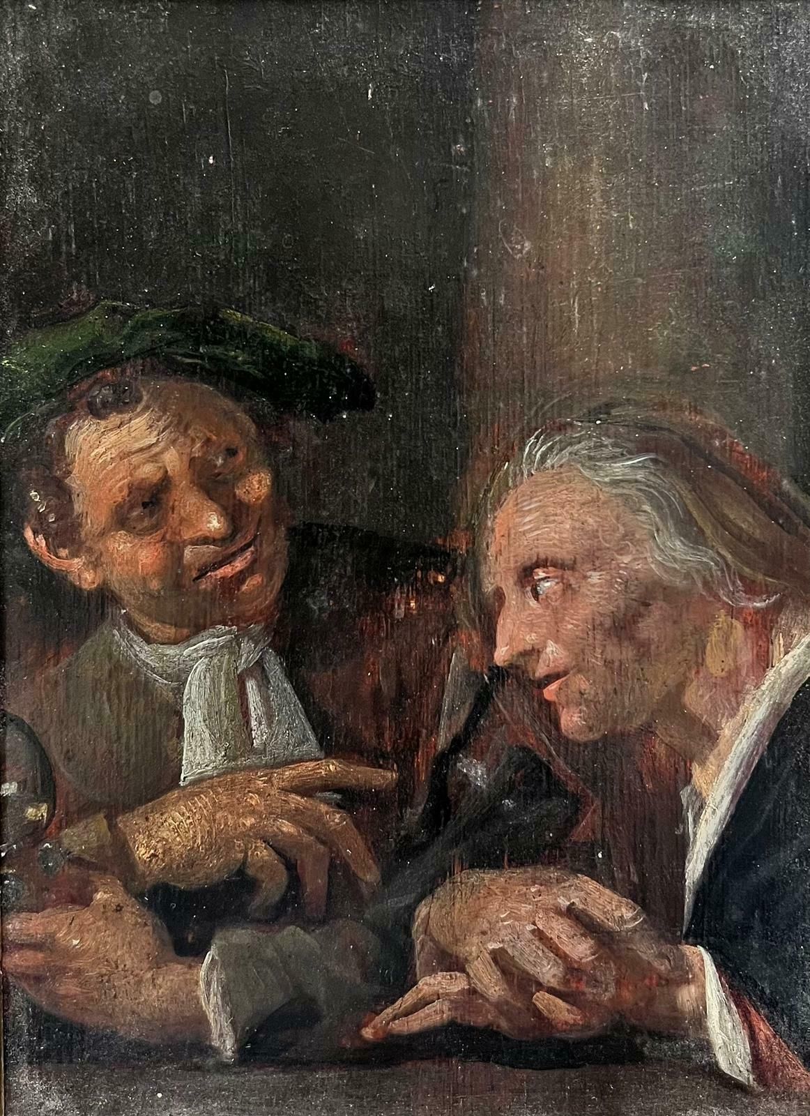 17th Century Dutch Old Master Oil Painting Wood Panel Figures In Tavern Interior