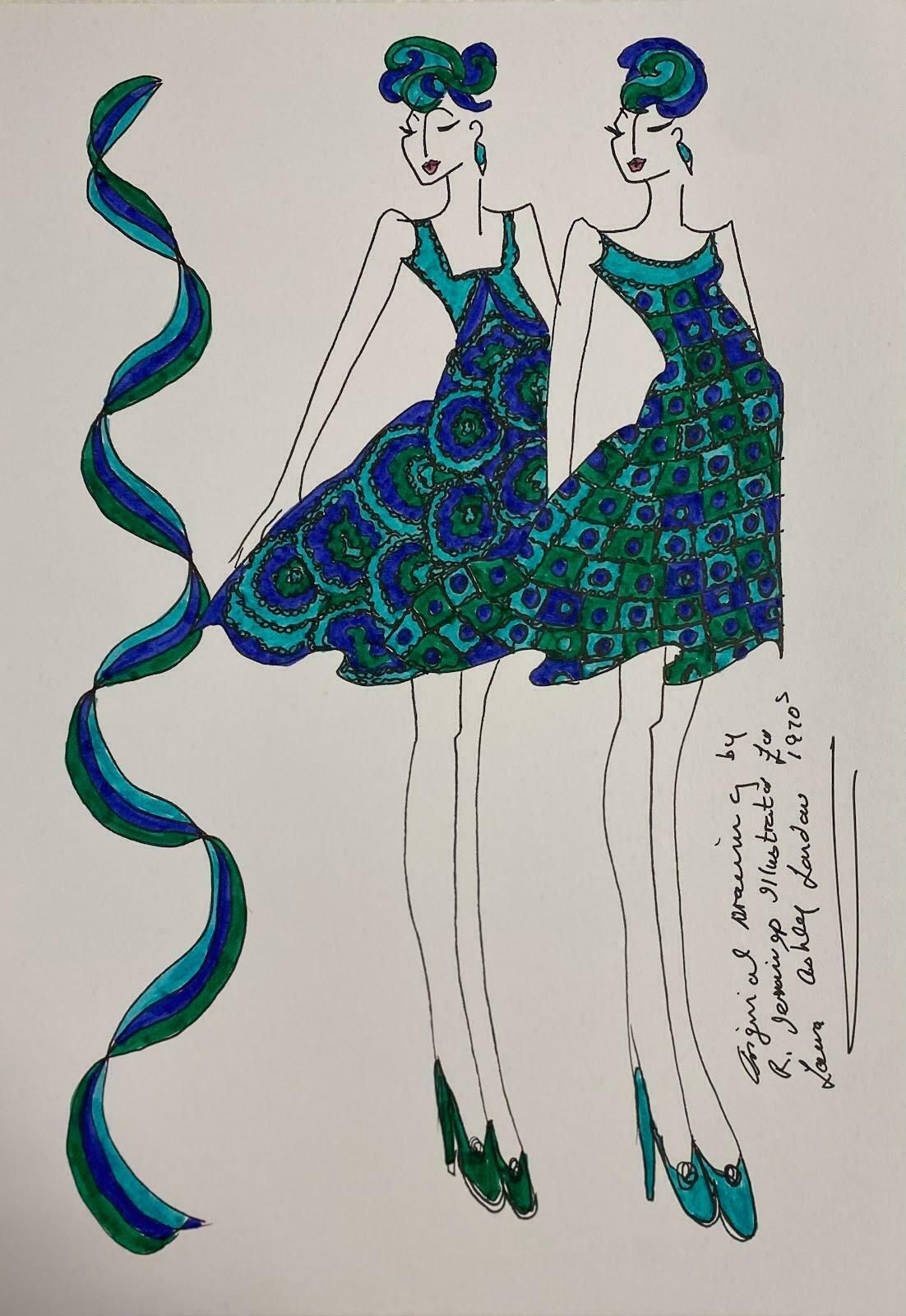 Roz Jenningsoriginal Fashion Design Illustration Watercolor Painting Laura Ashley Designerc.2000