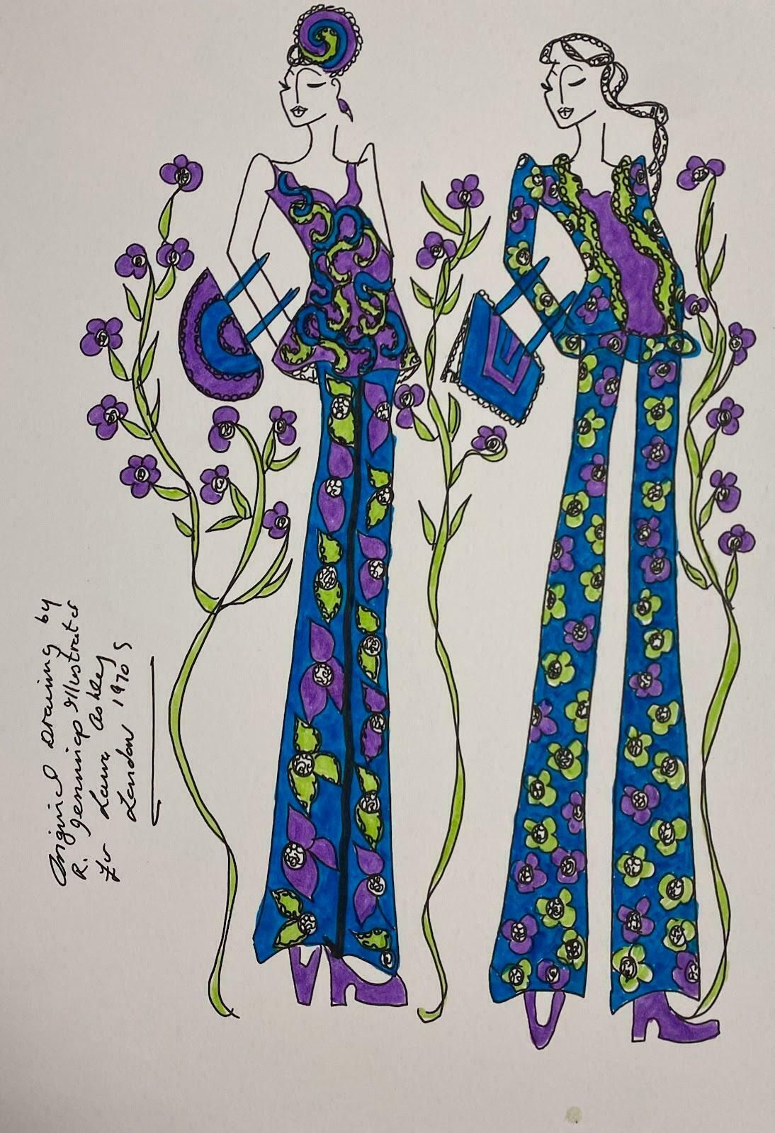 Roz Jenningsoriginal Fashion Design Illustration Watercolor Painting Laura Ashley Designerc.2000