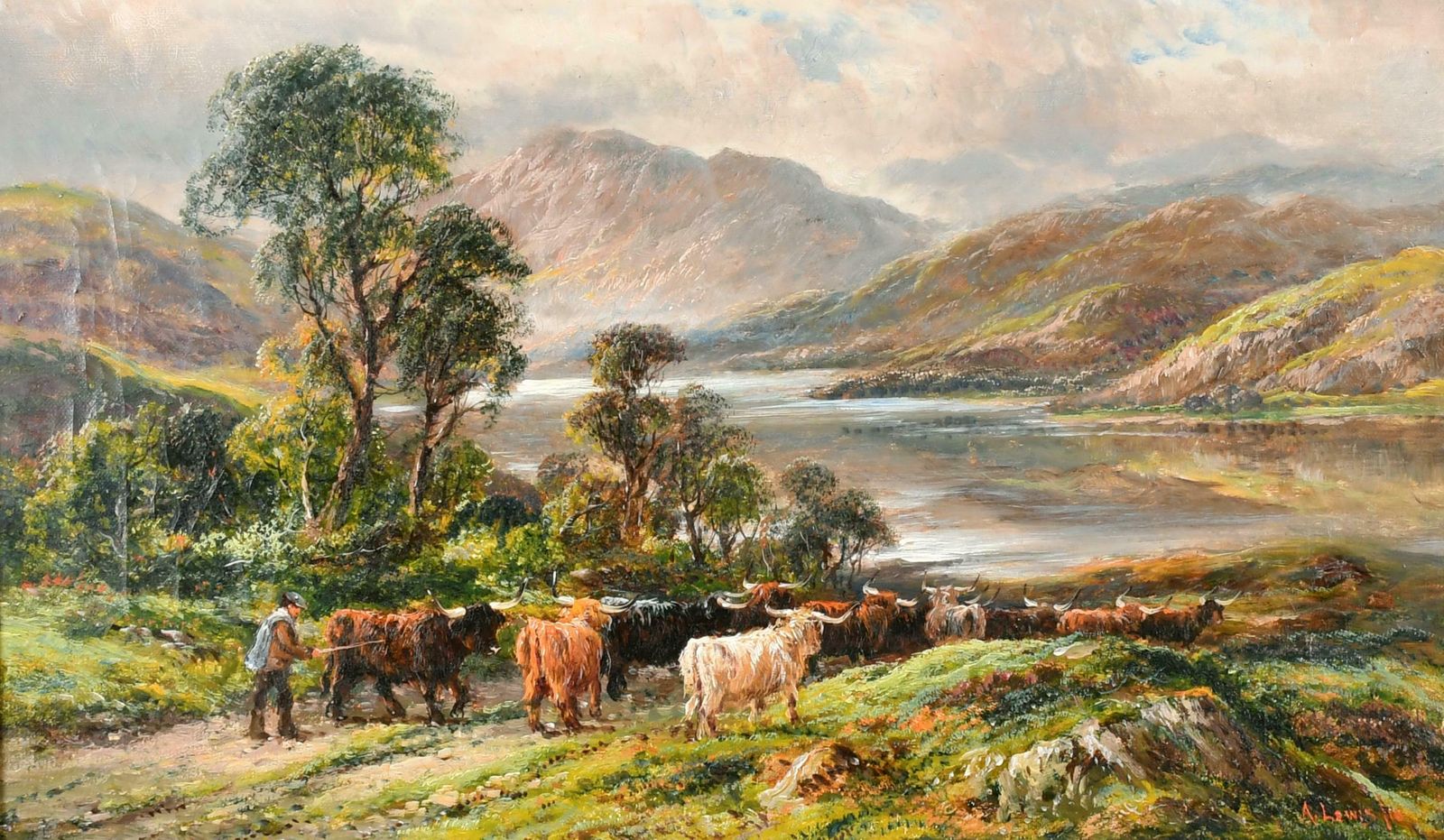 A. Lewisantique Scottish Landscape Highland Cattle On Loch Pathway Mountains