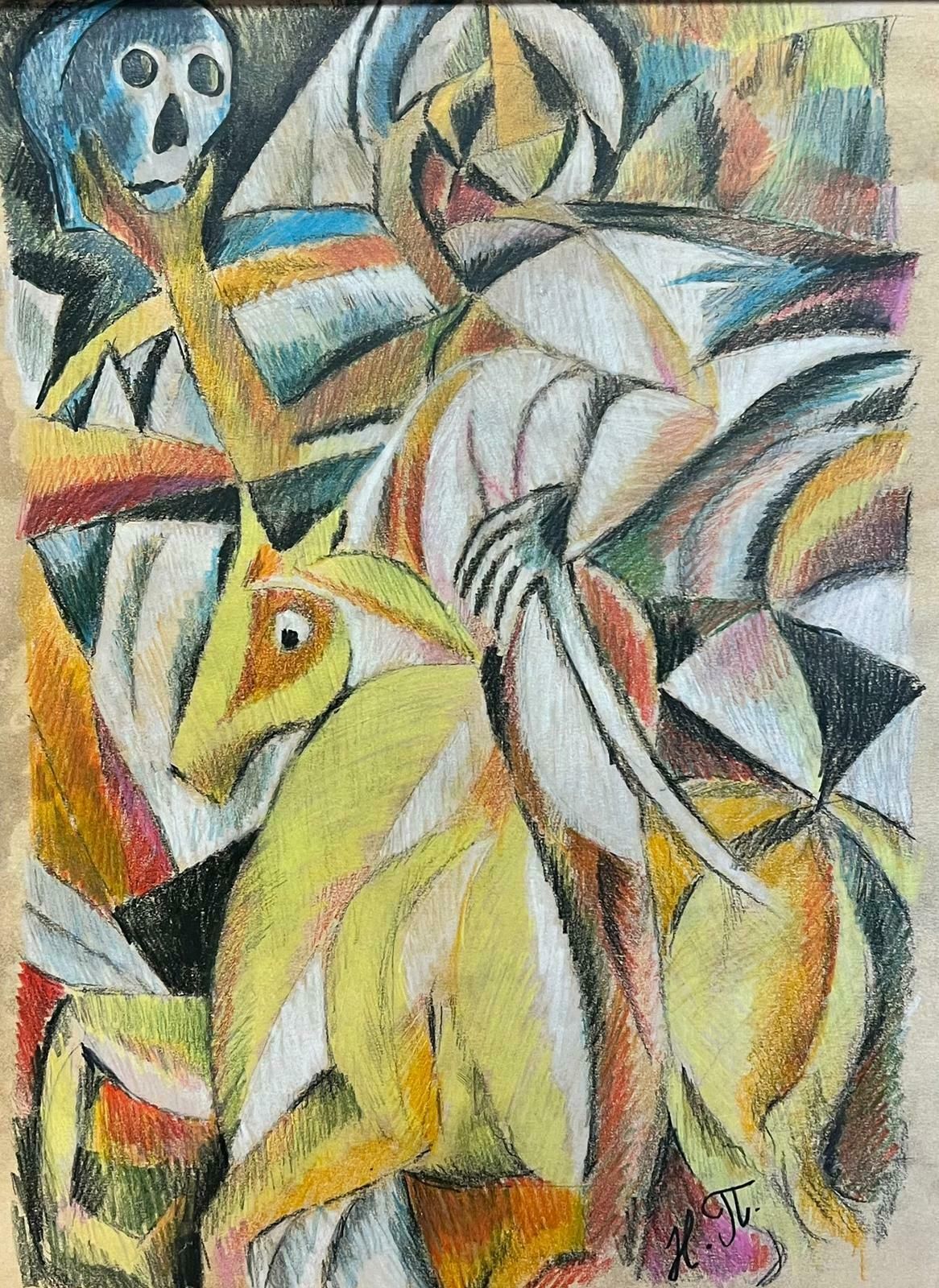 Continental Schoolcubist Figure On Horseback Holding A Skull 20th Century Artwork photo vintage