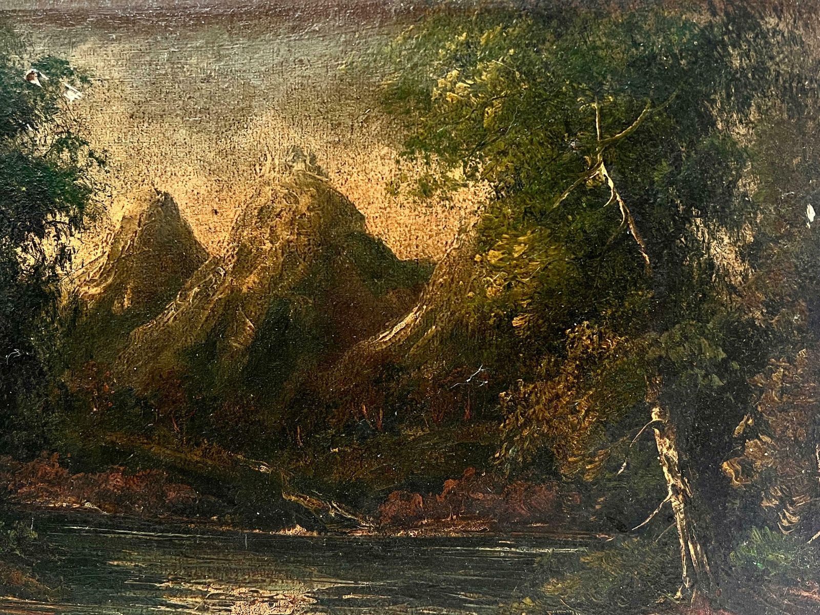European Artistdark Mountains Landscape Antique Oil Painting photo Art