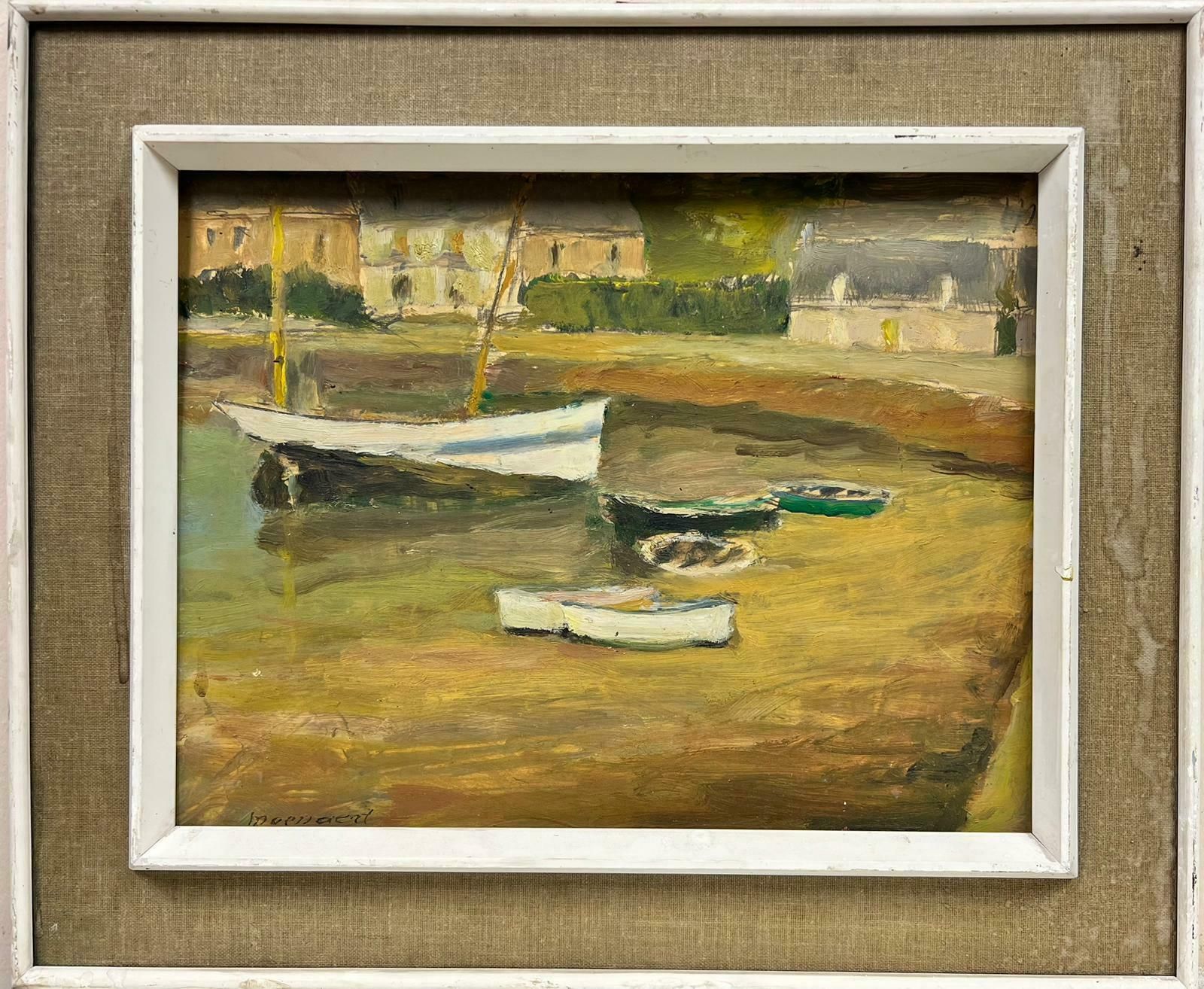 French School1960's French Signed Oil Painting Boats Moored In Old Harbor Town Earthy Colors1960's