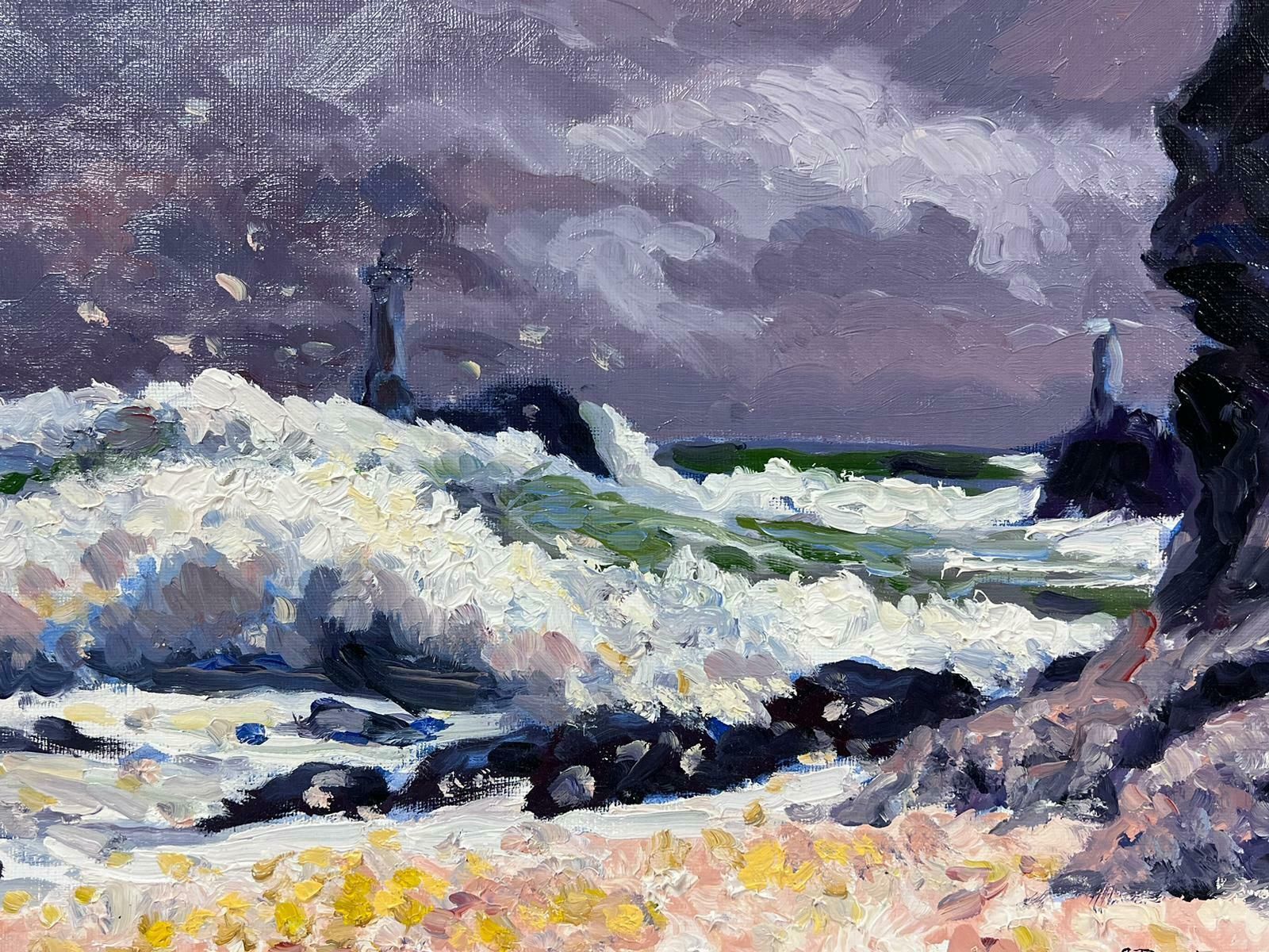 Georges Bordonovecontemporary French Impressionist Oil White Crashing Waves Against Purple Sea photo vinterior