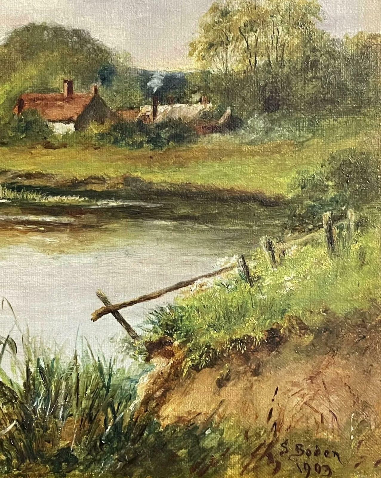 English Signedfine Edwardian Signed Oil Painting   Country River Landscape Picnic Figuresc. 1900's photo 967.0