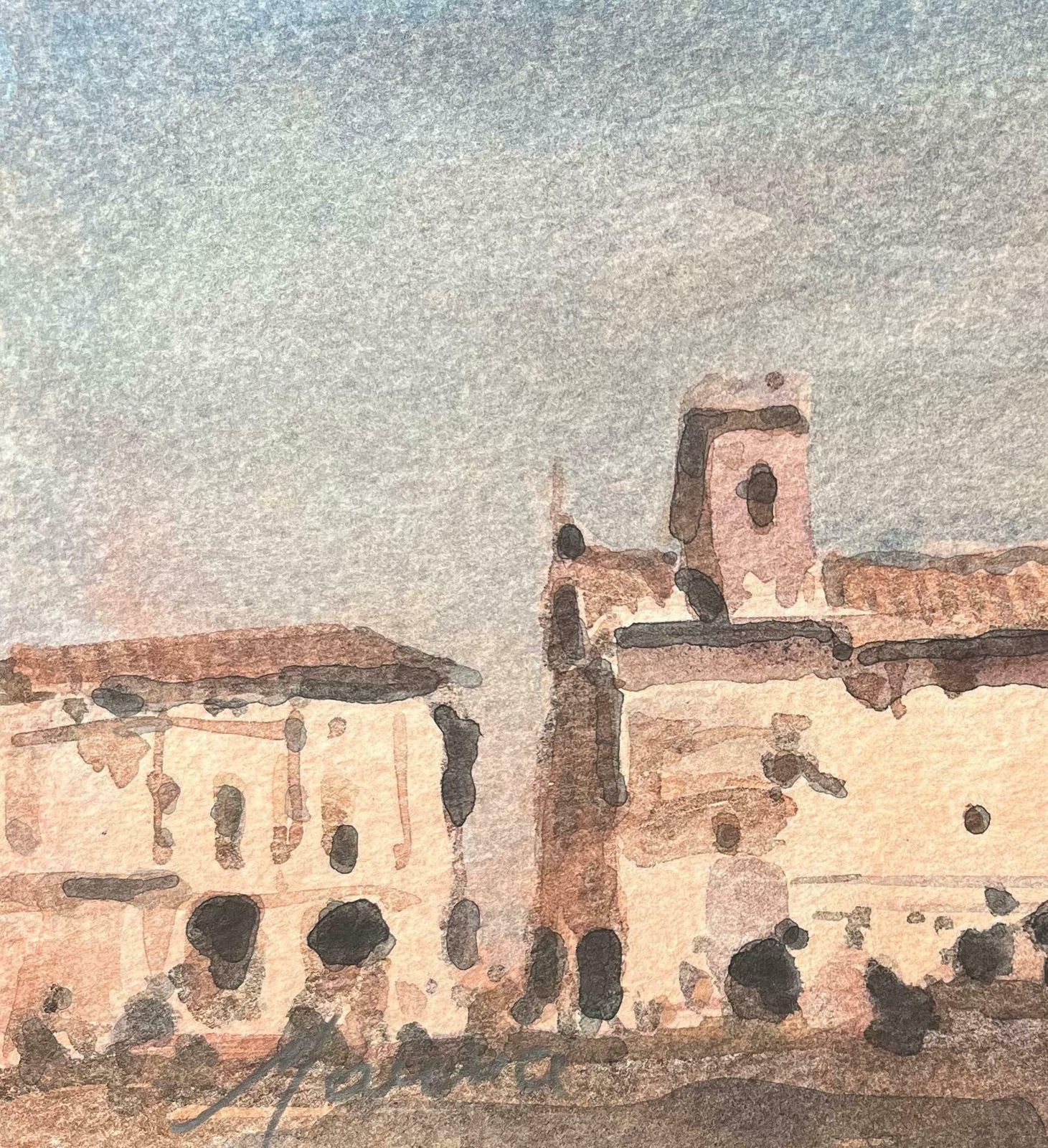 Maurice Mazeiliefrench Impressionist Watercolor Of A Sunlit Town Square With Tower20th Century photo for sale
