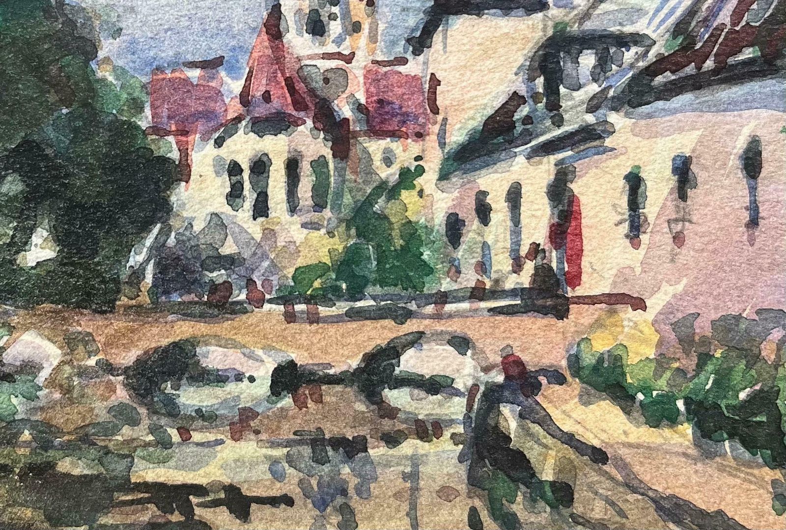 Maurice Mazeiliefrench Impressionist Watercolor Of A Riverside View With Church Tower20th Century photo Art