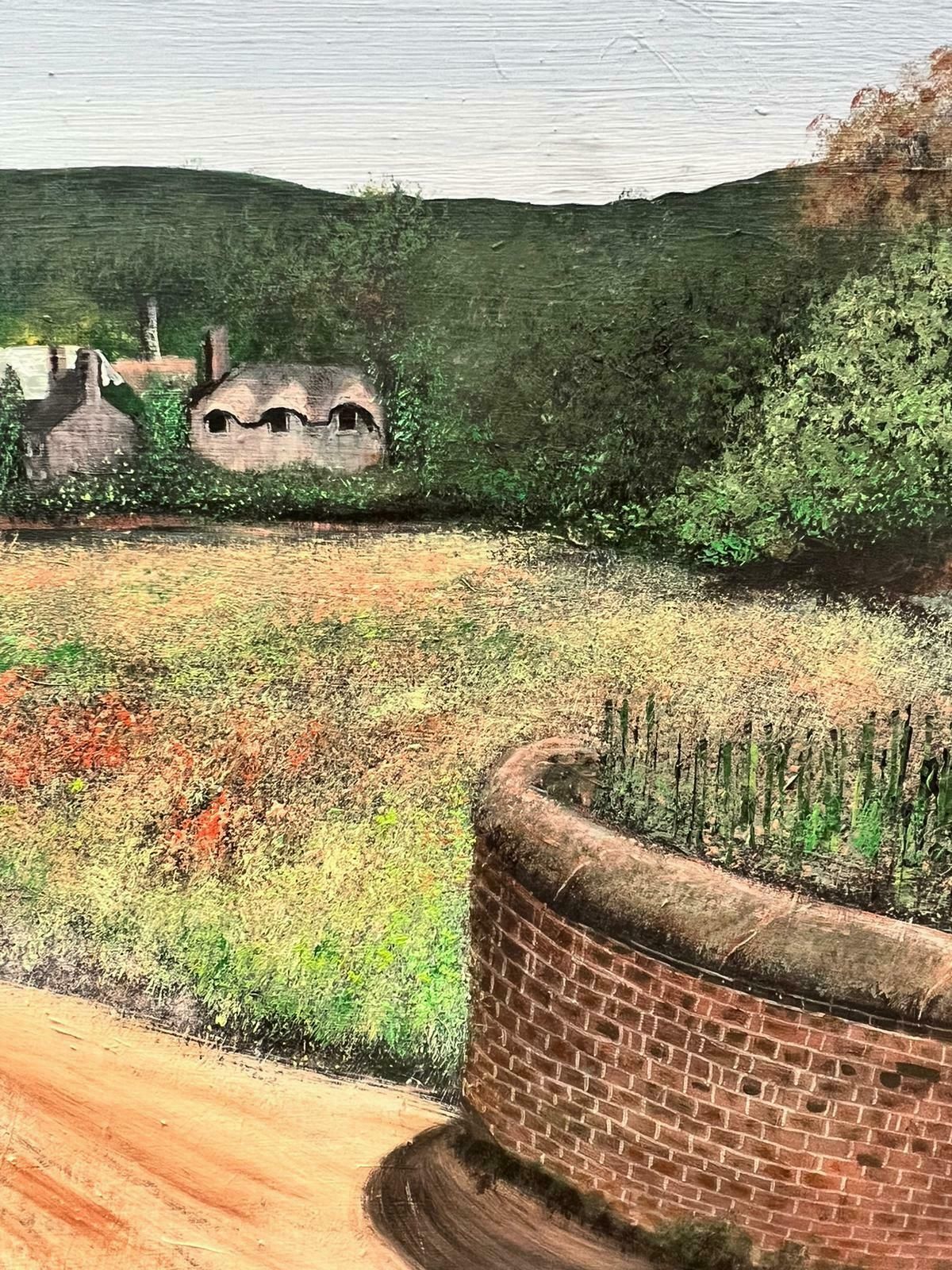 Contemporary British Colourful Modernist British Oil Painting Swans On River Far Reaching Countryside photo for sale