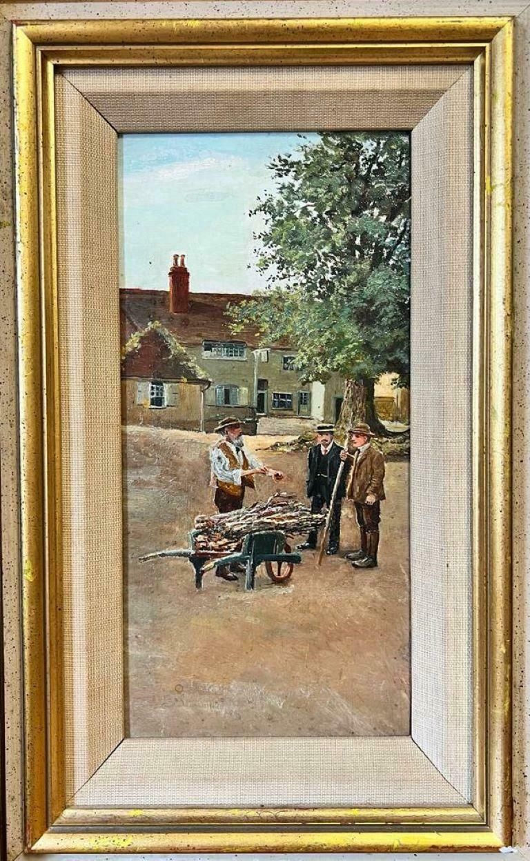 Victorian British Oil Three Men Standing In Village Chatting, Framed photo furniture