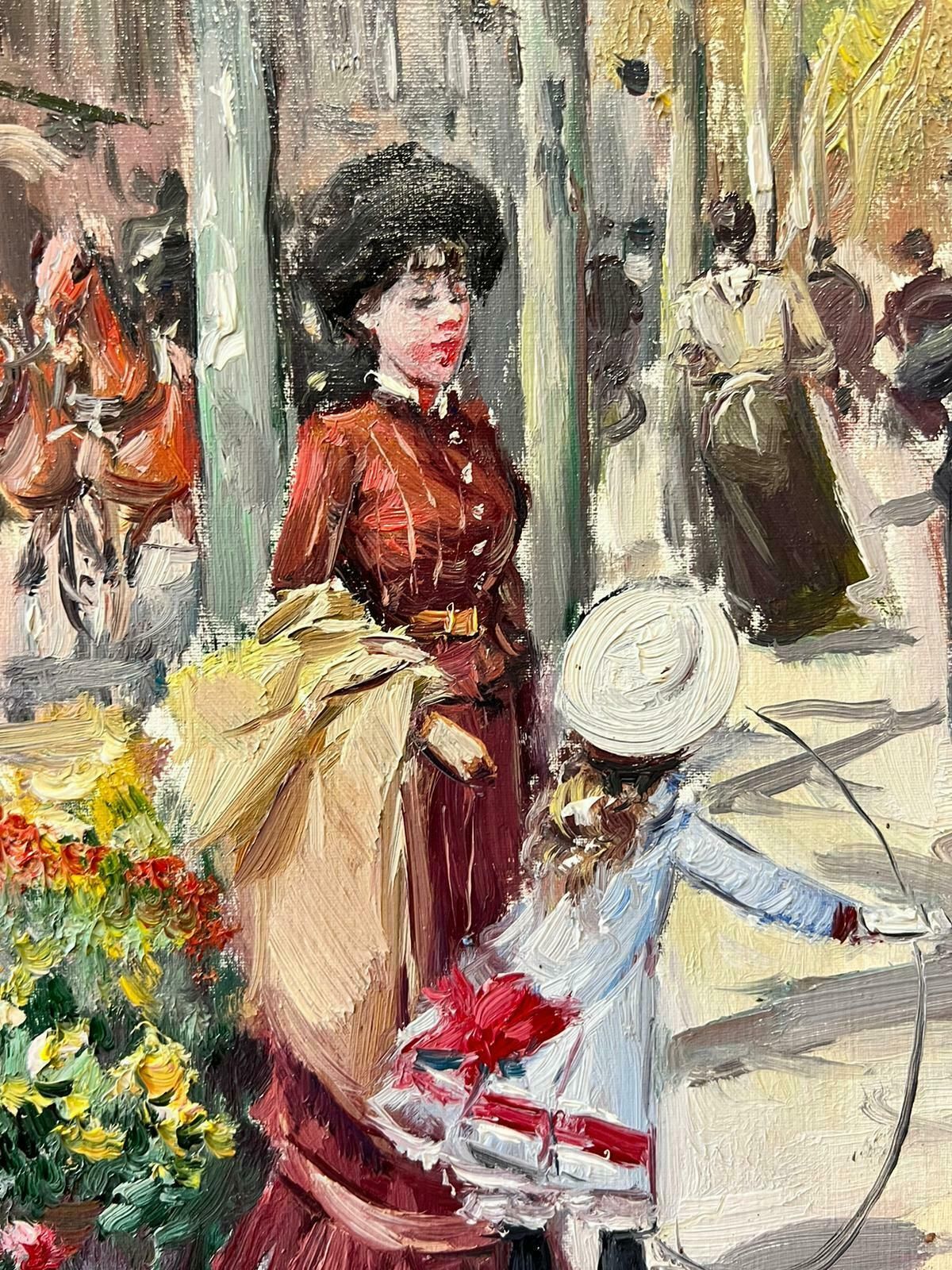 Juan Solerbustling Parisian Boulevards Mother & Child By Flowers Impressionist Oil photo Art
