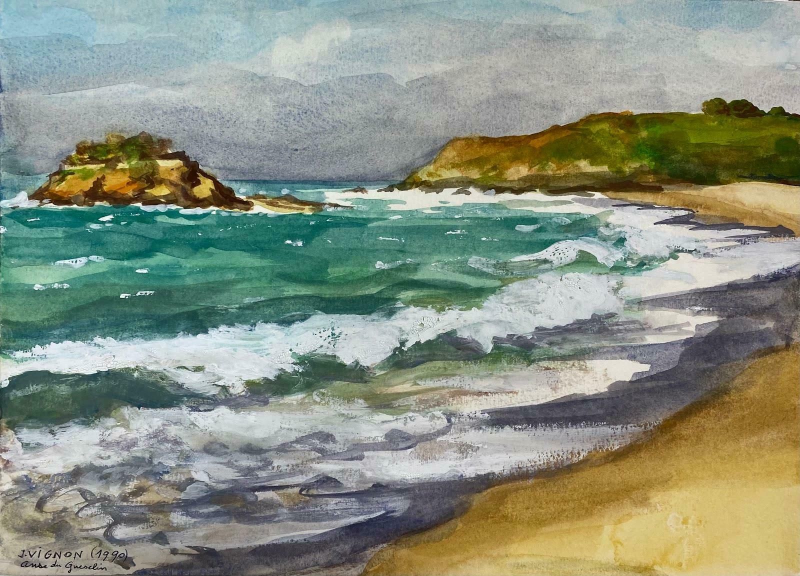 Josine Vignonpost Impressionist French Watercolour Painting The Island Of Guesclin, Brittanyc.1990