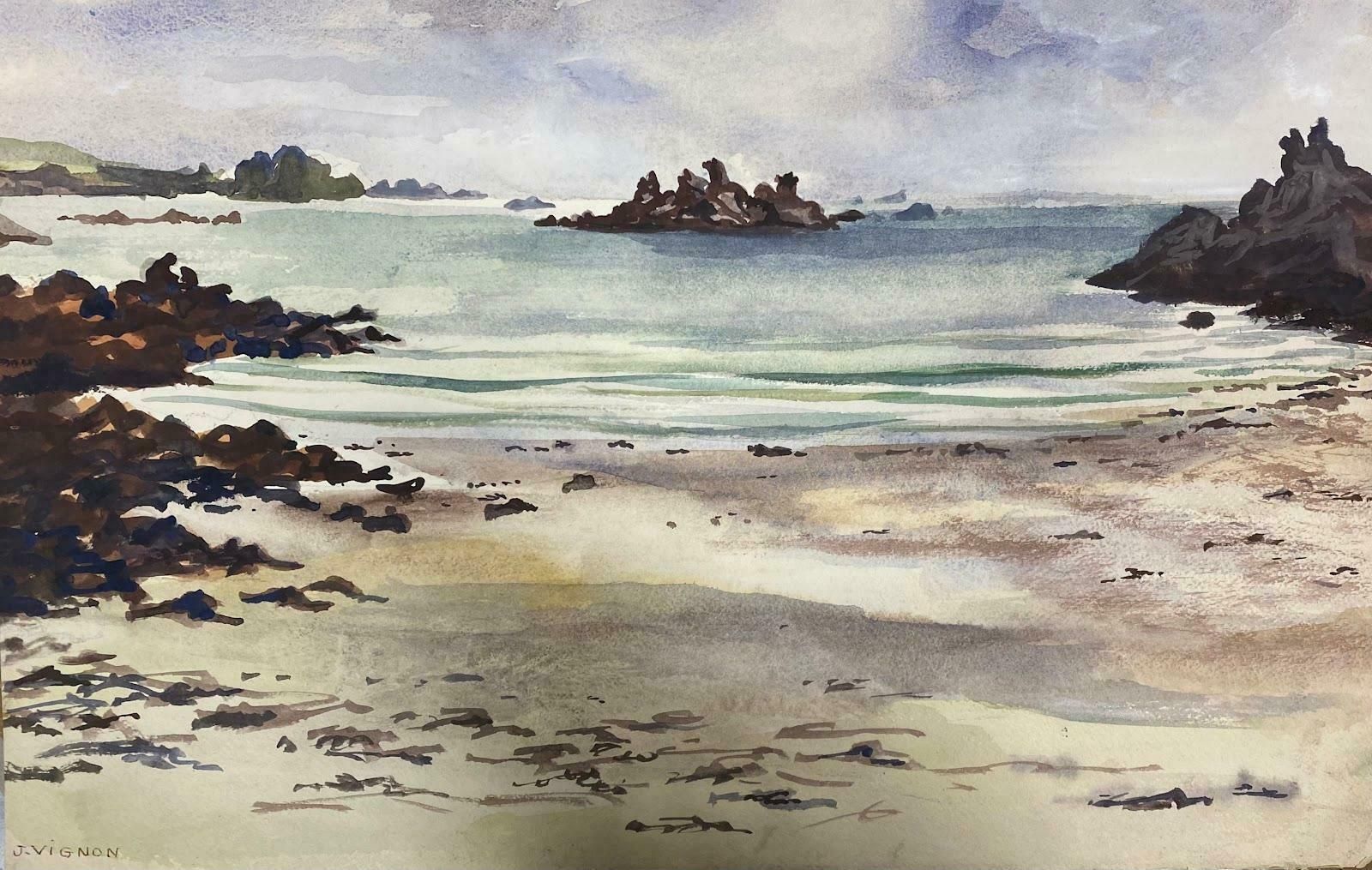 Josine Vignonpost Impressionist French Watercolour Painting Brittany Beach Scenec.1987