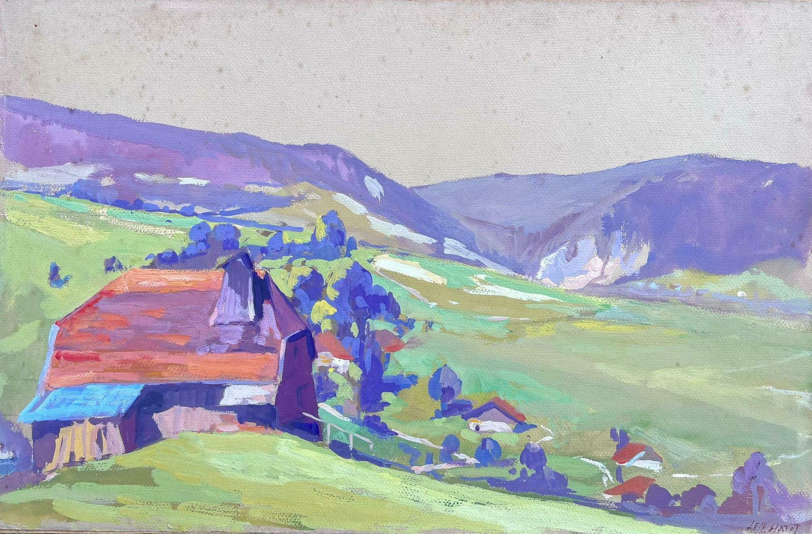 Leon Hatotvintage French Oil Painting Of Neon Purple House In Bright Green Open Landscape