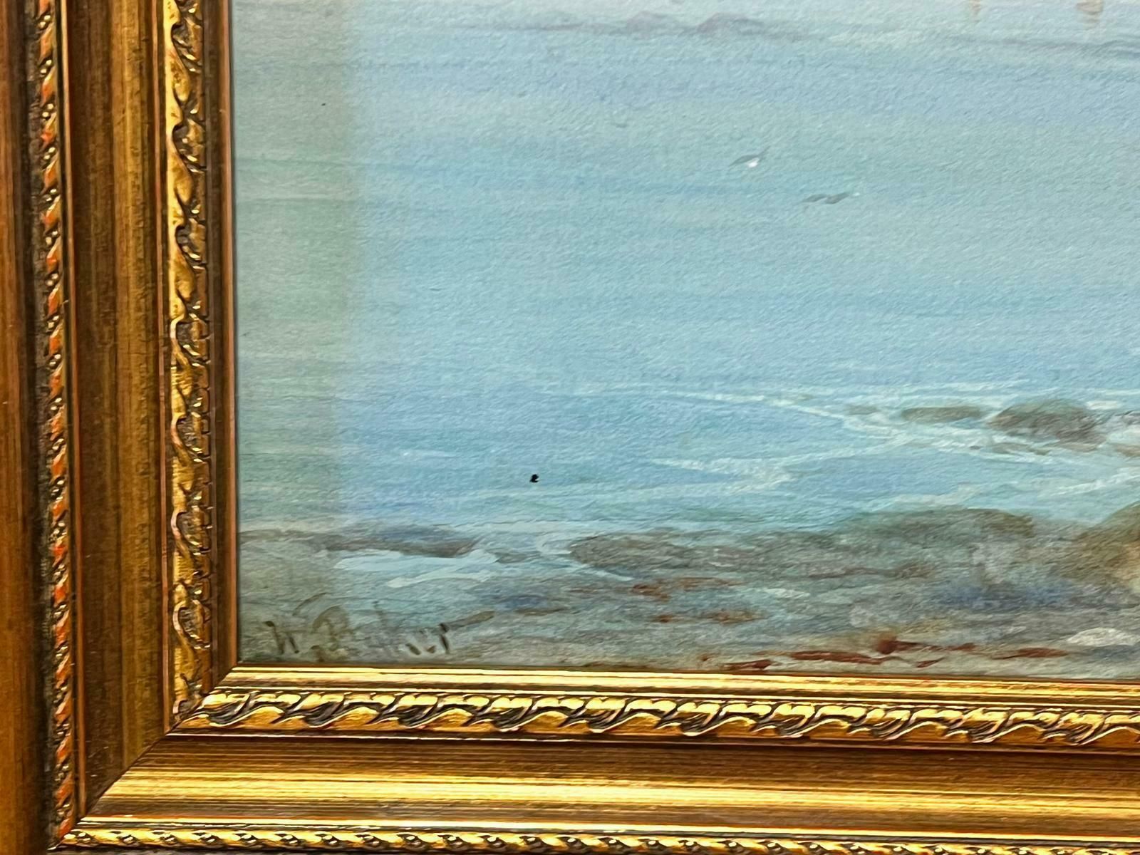 Antique English Marineantique British Marine Painting Classic Tallship Beached On Shore With Castle photo 890.0