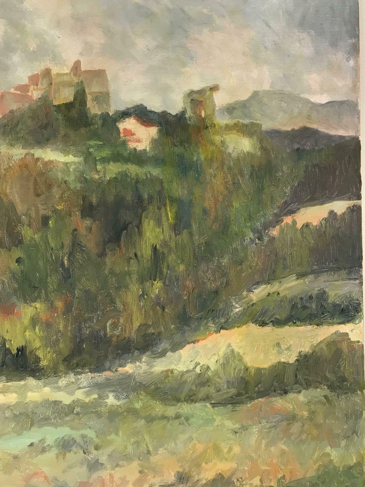Bernard Labbemid 20th Century French Landscape With Hill Top Chateau, Soft Green Colors photo Art