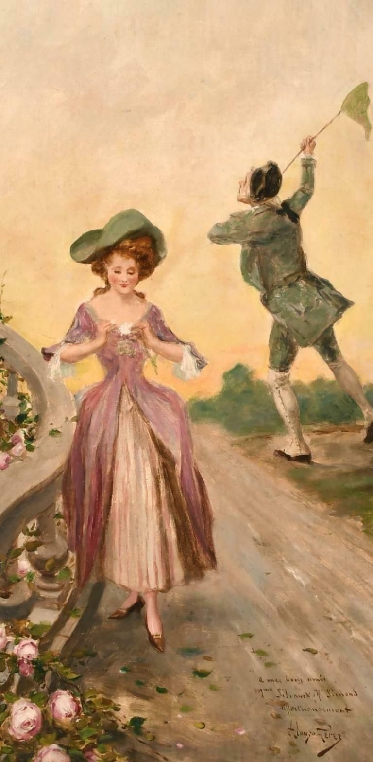 Mariano Alonzo Perez (1857 1930)antique Signed Oil   Elegant Courtship Figures Chasing A Butterfly With Netc. 1900's