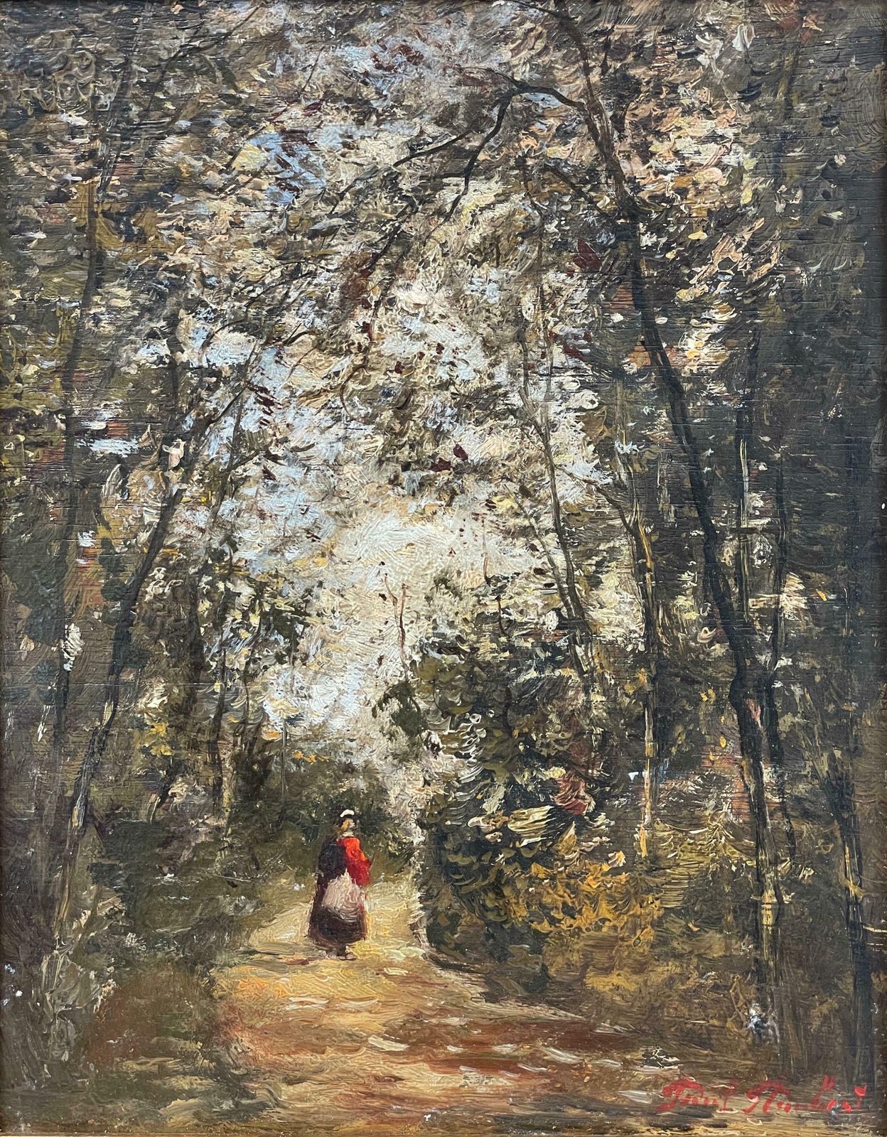 Paul Flaubertfine French Impressionist Oil Painting Lady Walking Woodland Path Dappled Light photo Art