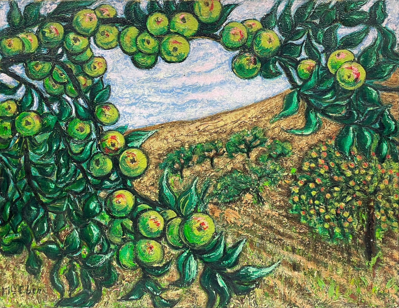 French Post Impressionistlarge 1950's French Signed Oil Apple Orchard Rural Field Very Thick Oilc. 1958