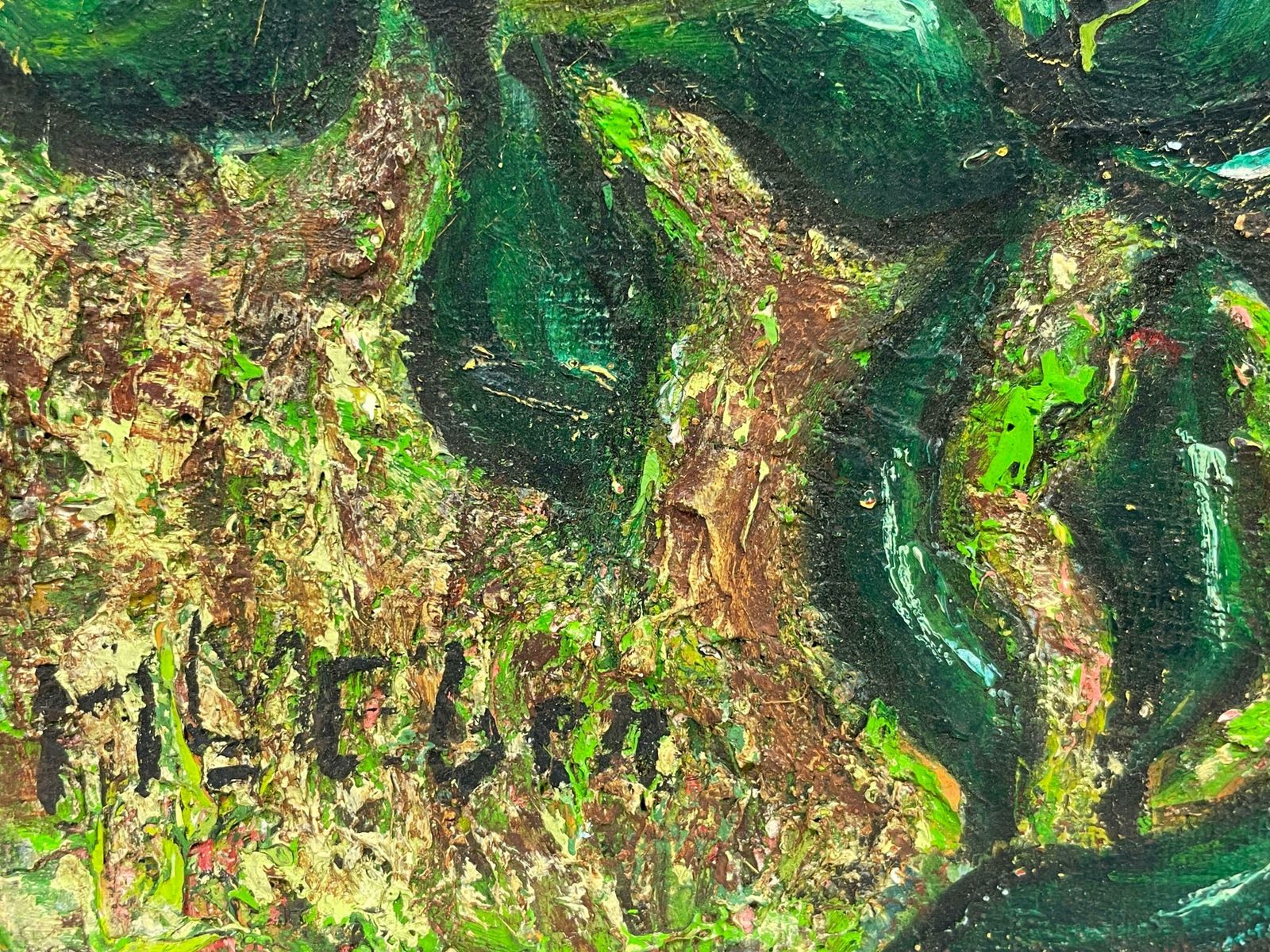 French Post Impressionistlarge 1950's French Signed Oil Apple Orchard Rural Field Very Thick Oilc. 1958 photo for sale