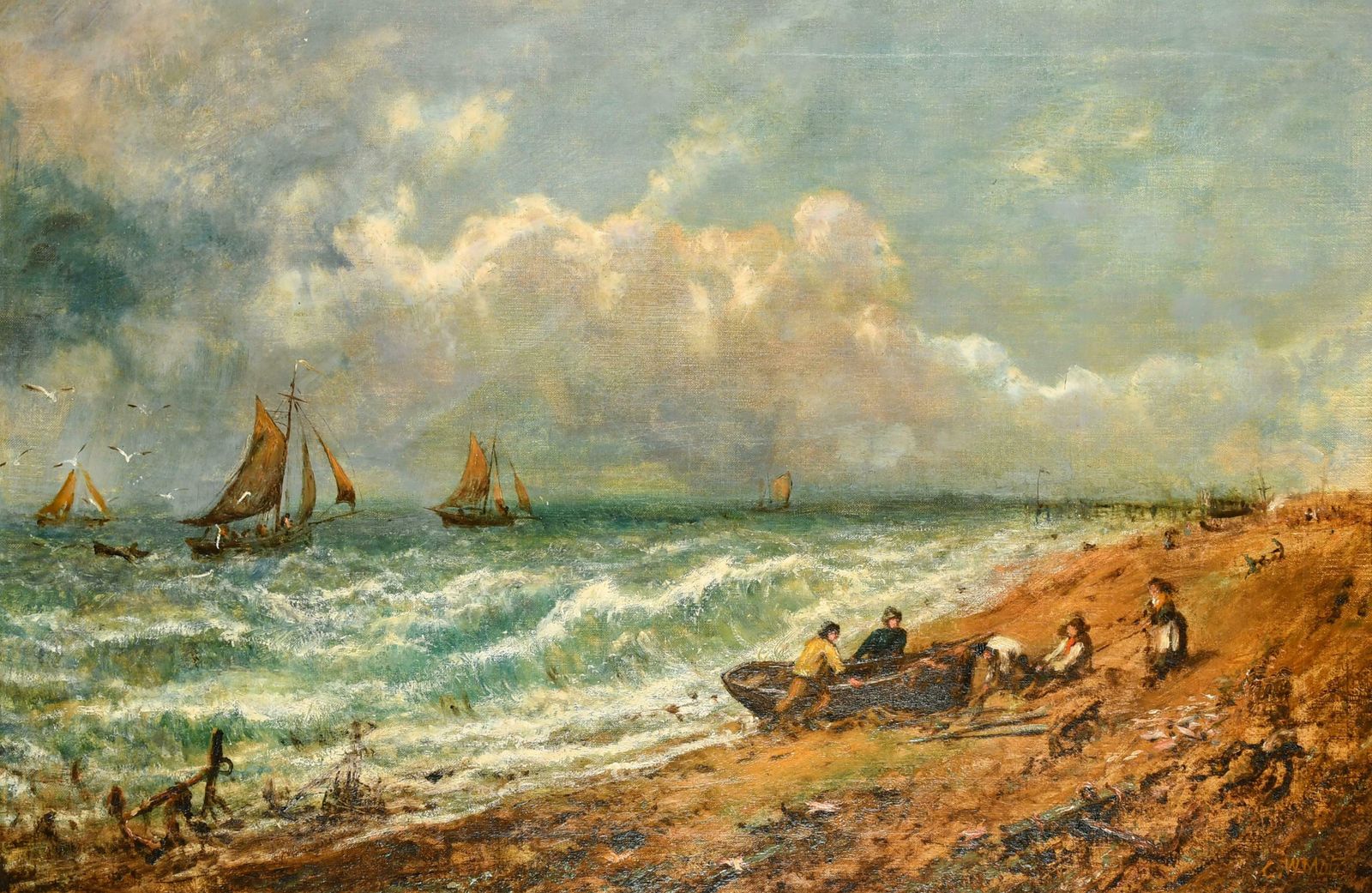 George William Motelarge Victorian Oil Painting Fisherfolk On Windswept Beach Choppy Seas & Sky