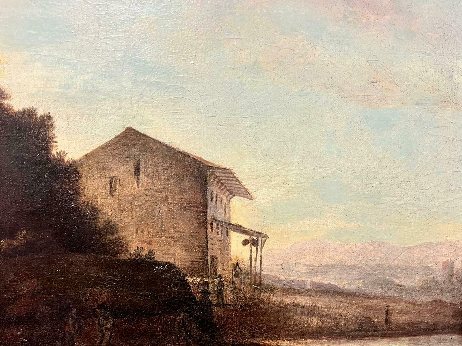 1800's Dutch Schoolantique Dutch Oil Painting Figures At Sunset By Coastal Estuary With Buildings photo for sale