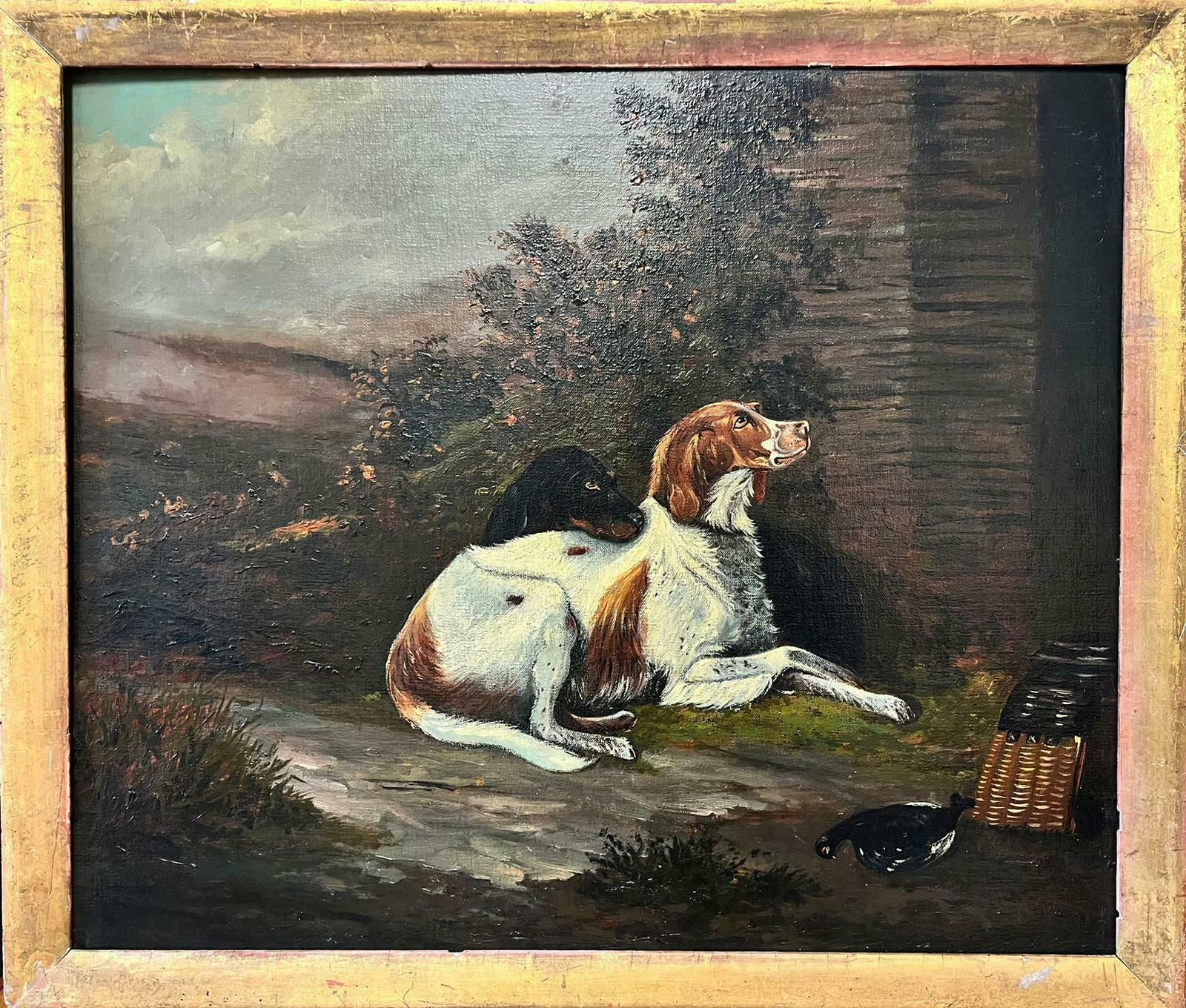 English Sporting Artwaiting For The Master Two Hunting Dogs Outside Gamekeepers Cottage Oil Painting photo furniture