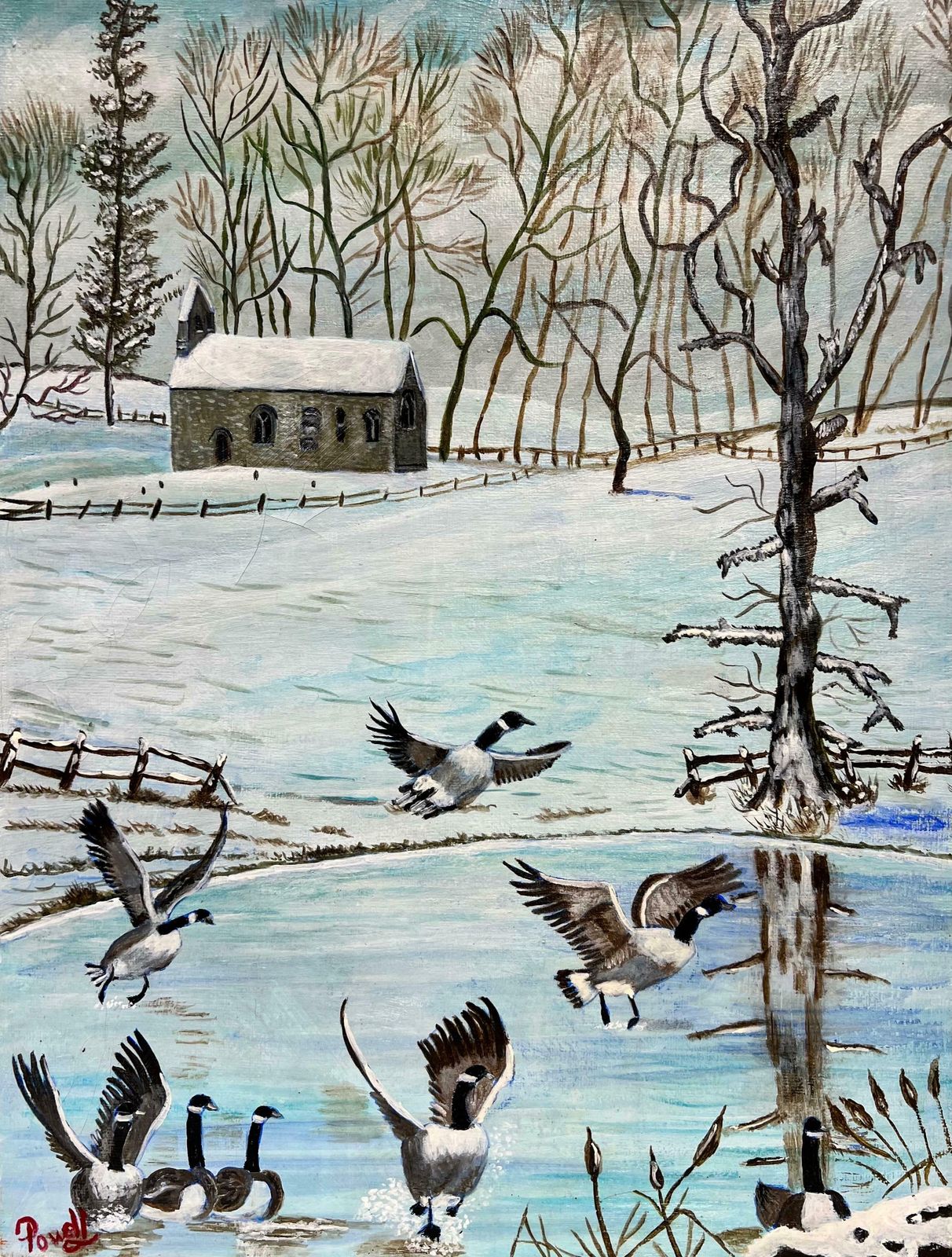 Ben Powellbritish Modern Oil Painting Geese In Winter Landscape On Frozen Lake