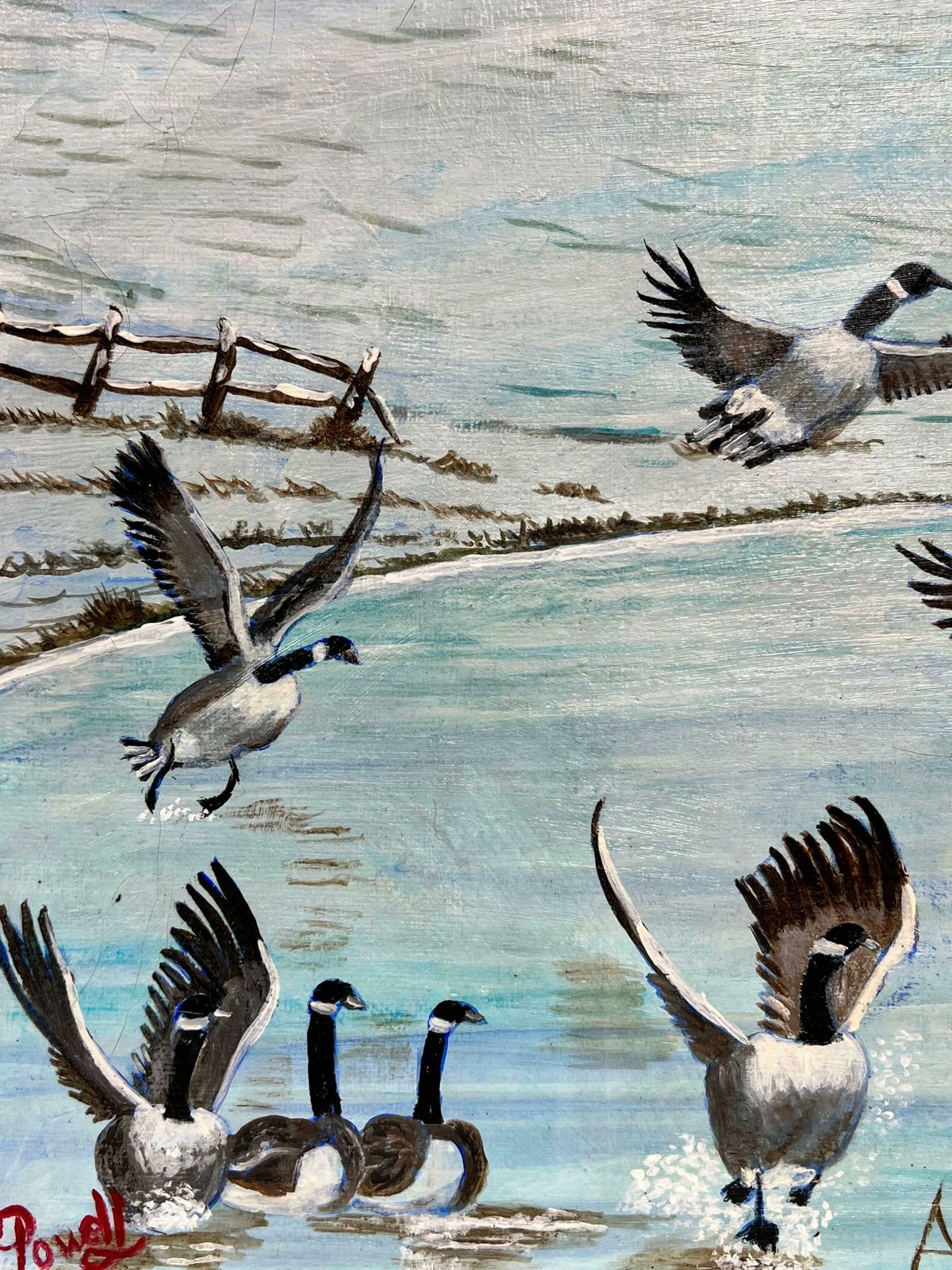 Ben Powellbritish Modern Oil Painting Geese In Winter Landscape On Frozen Lake photo for sale