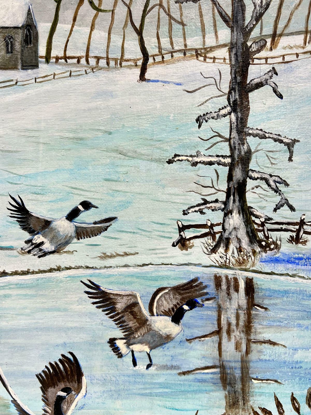 Ben Powellbritish Modern Oil Painting Geese In Winter Landscape On Frozen Lake photo vinterior