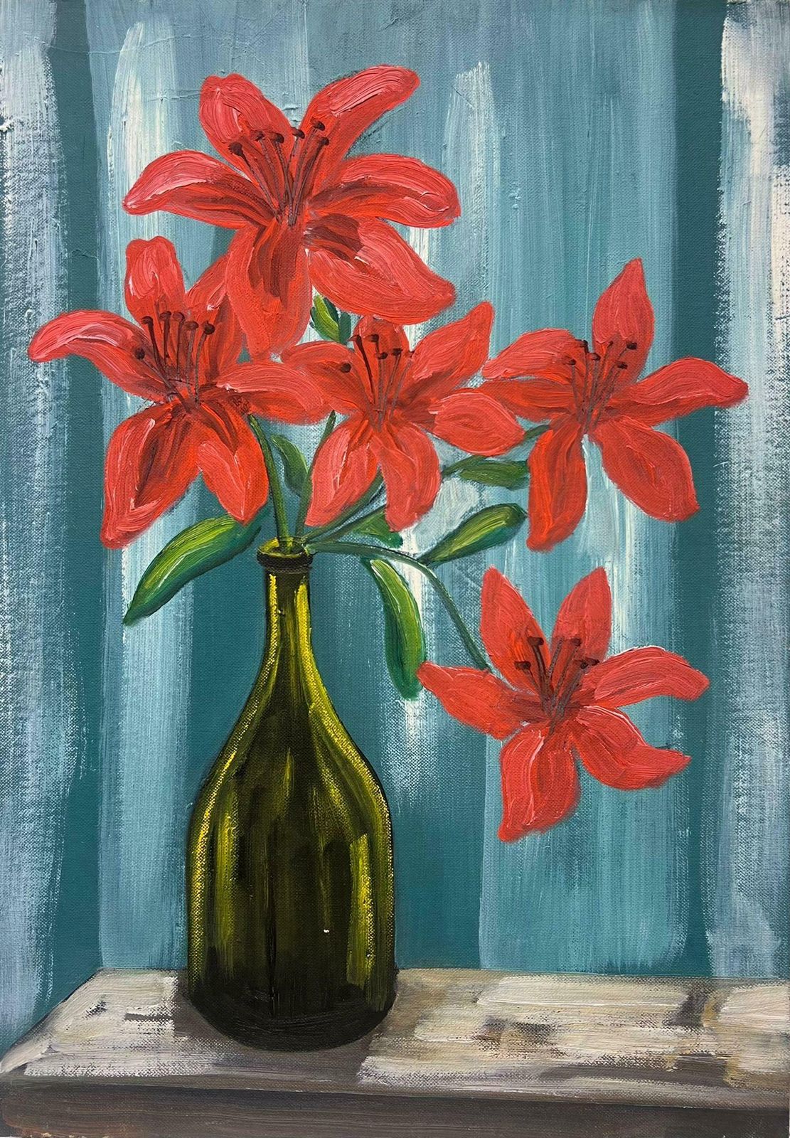 Louise Alixmid 20th Century French Oil Painting Red Lilies In Green Glass Bottle Interior 1940's