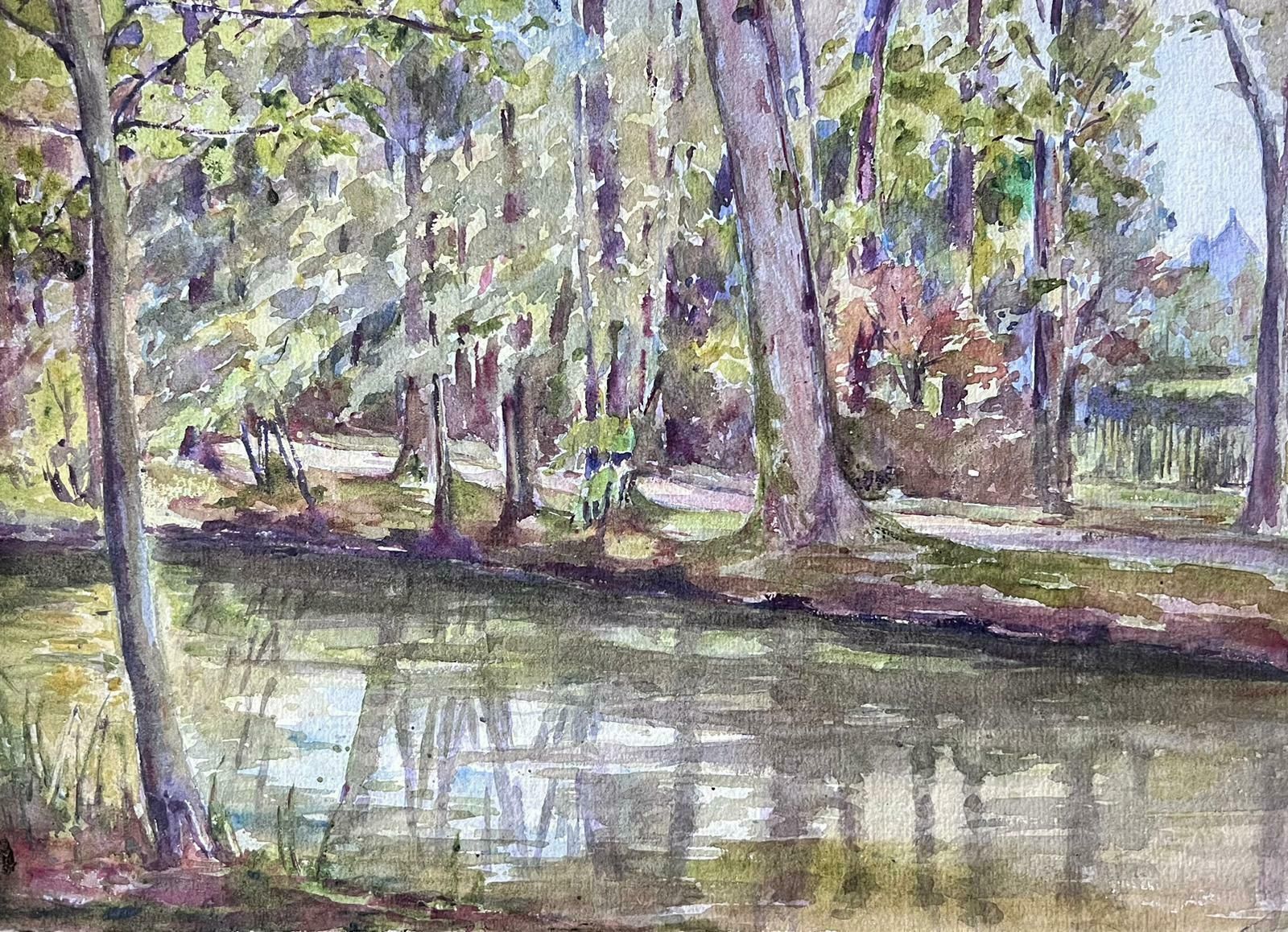 Louise Alixfrench Impressionist Watercolour Painting River Bank Tree Reflection 1940's
