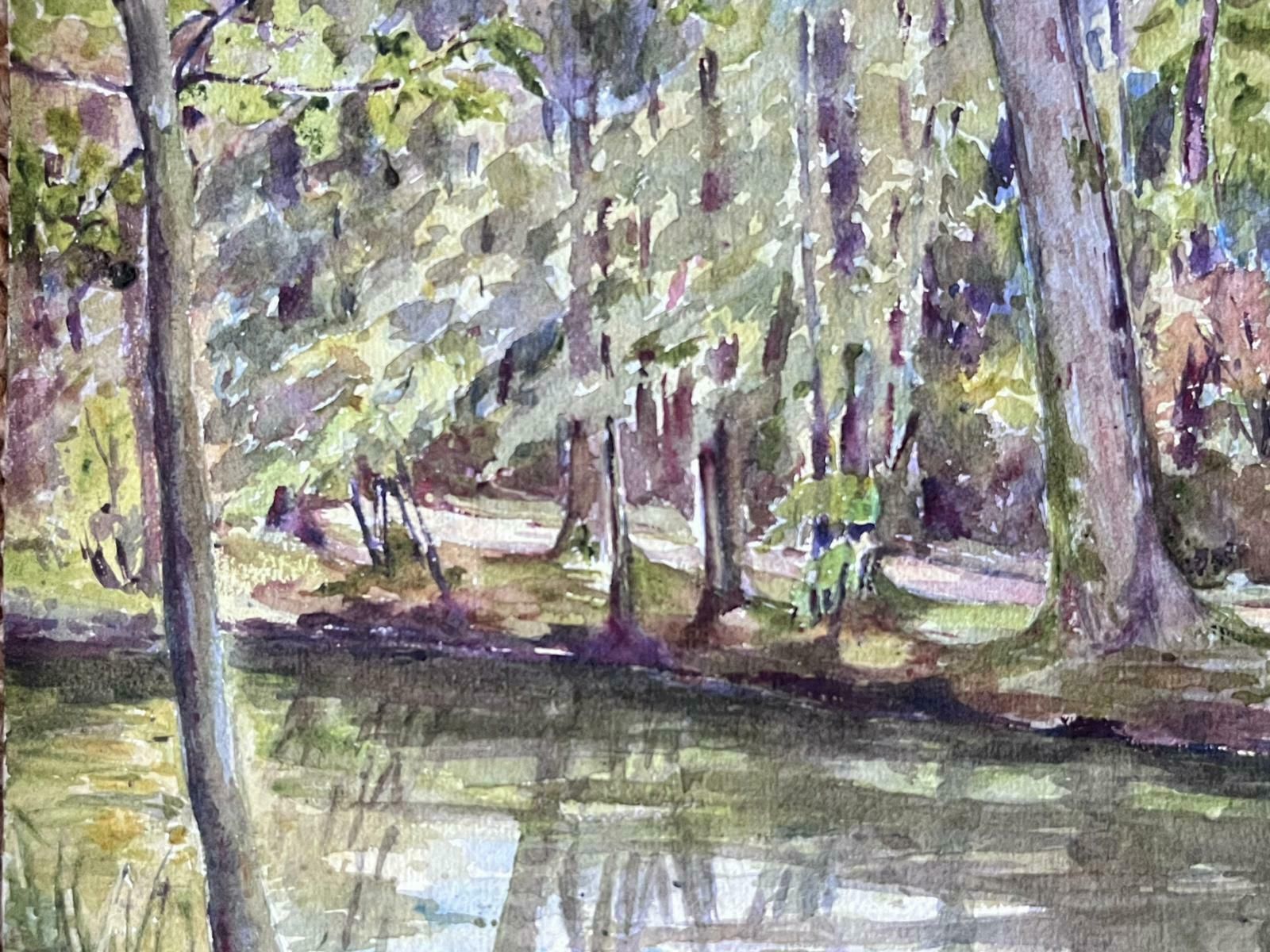 Louise Alixfrench Impressionist Watercolour Painting River Bank Tree Reflection 1940's photo furniture