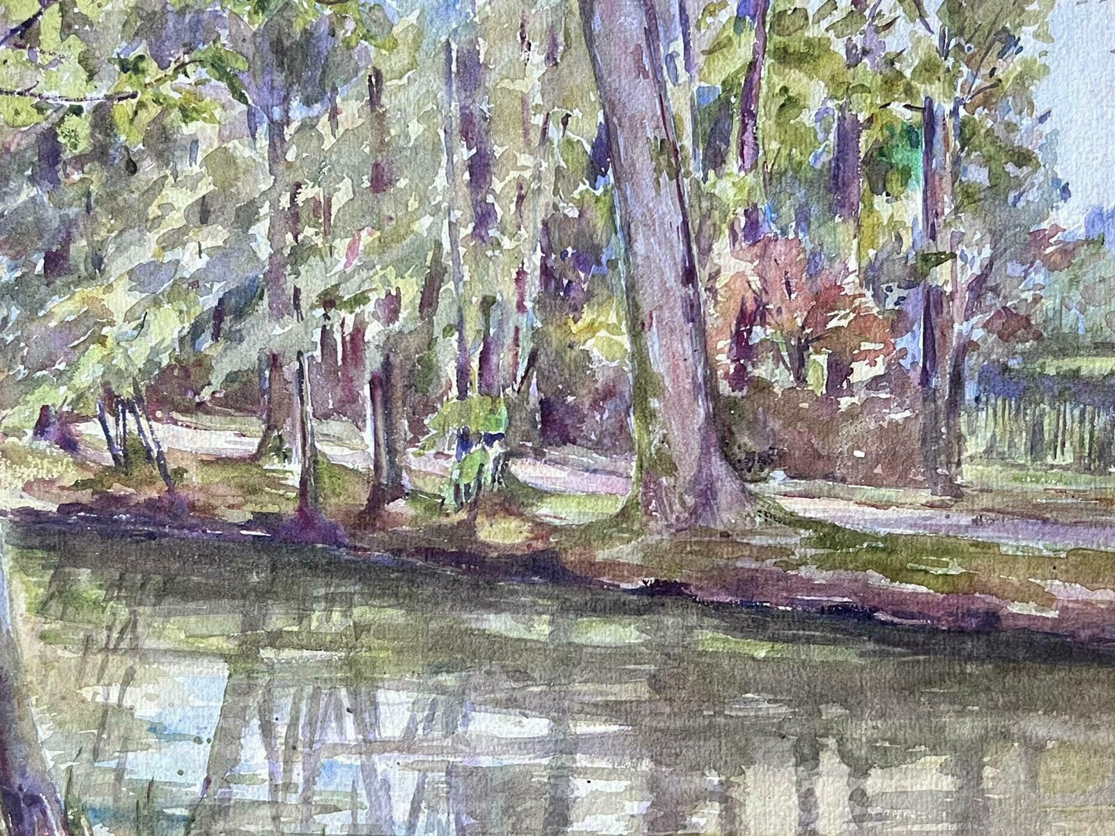 Louise Alixfrench Impressionist Watercolour Painting River Bank Tree Reflection 1940's photo for sale