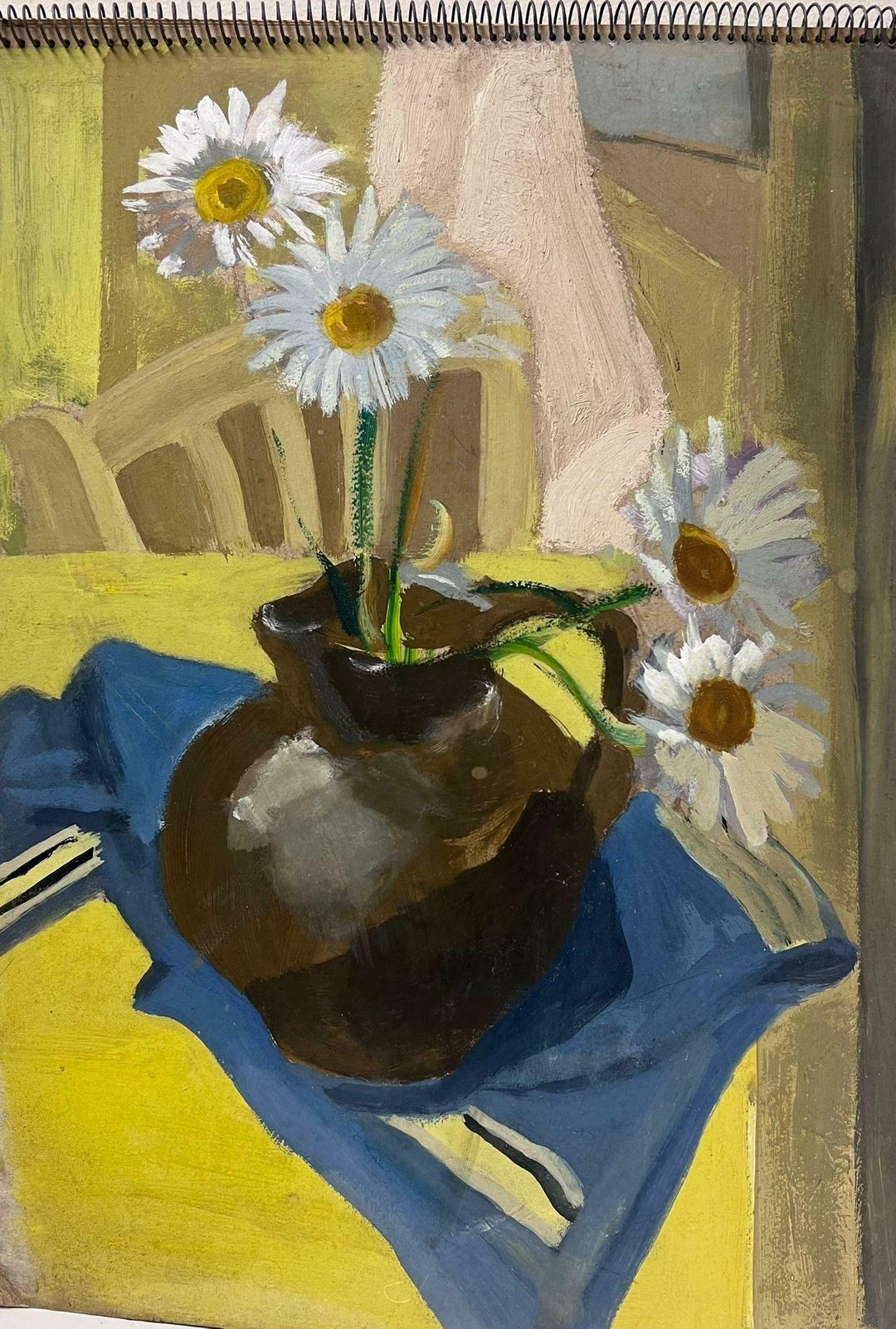 Y. Blanchon1930's French Impressionist Daises In Brown Vase On Yellow Table Interior1930's photo furniture
