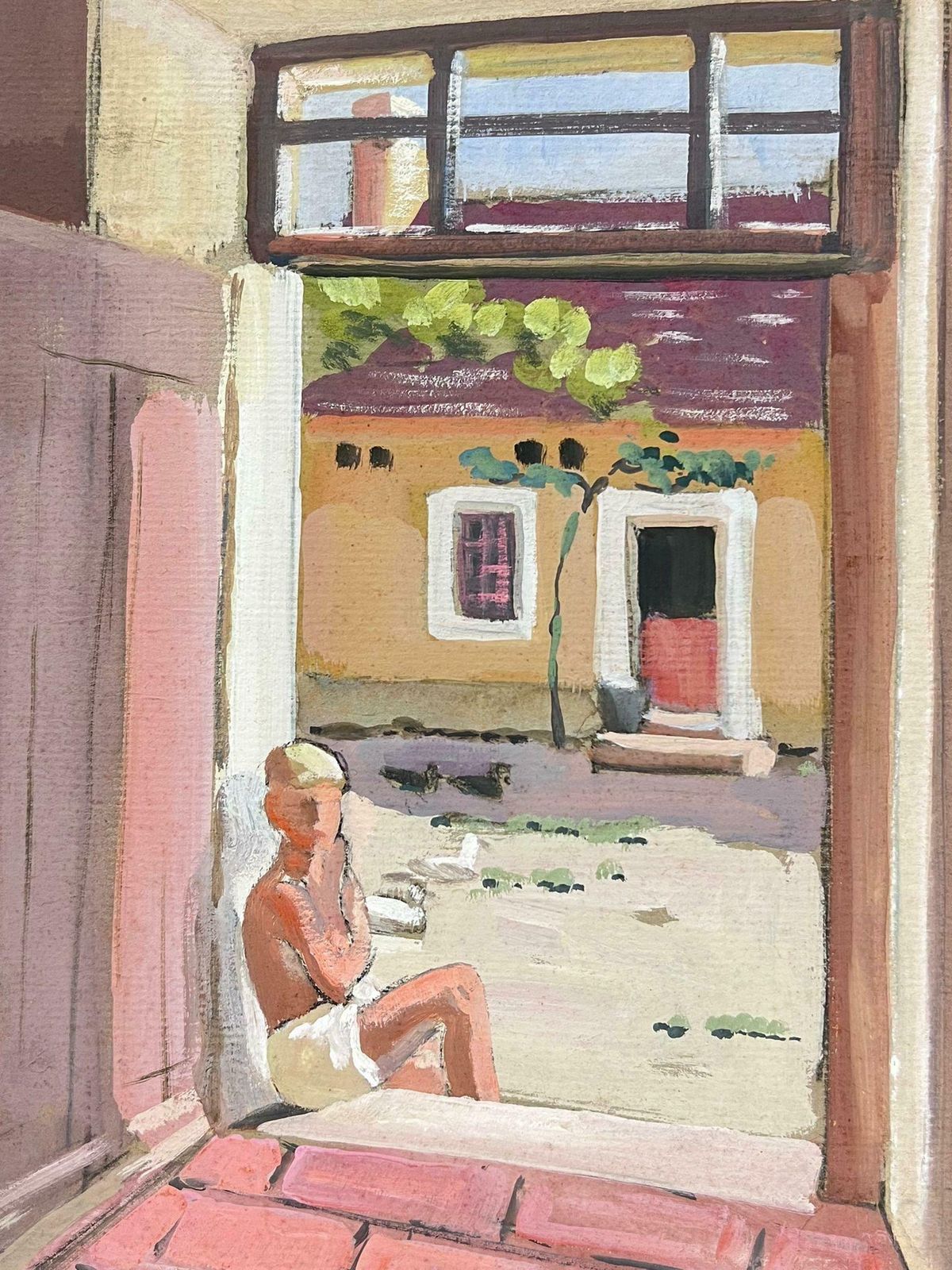 Y. Blanchon1930's French Impressionist Man Sat In Pink Stone House Door Frame 1930's photo for sale